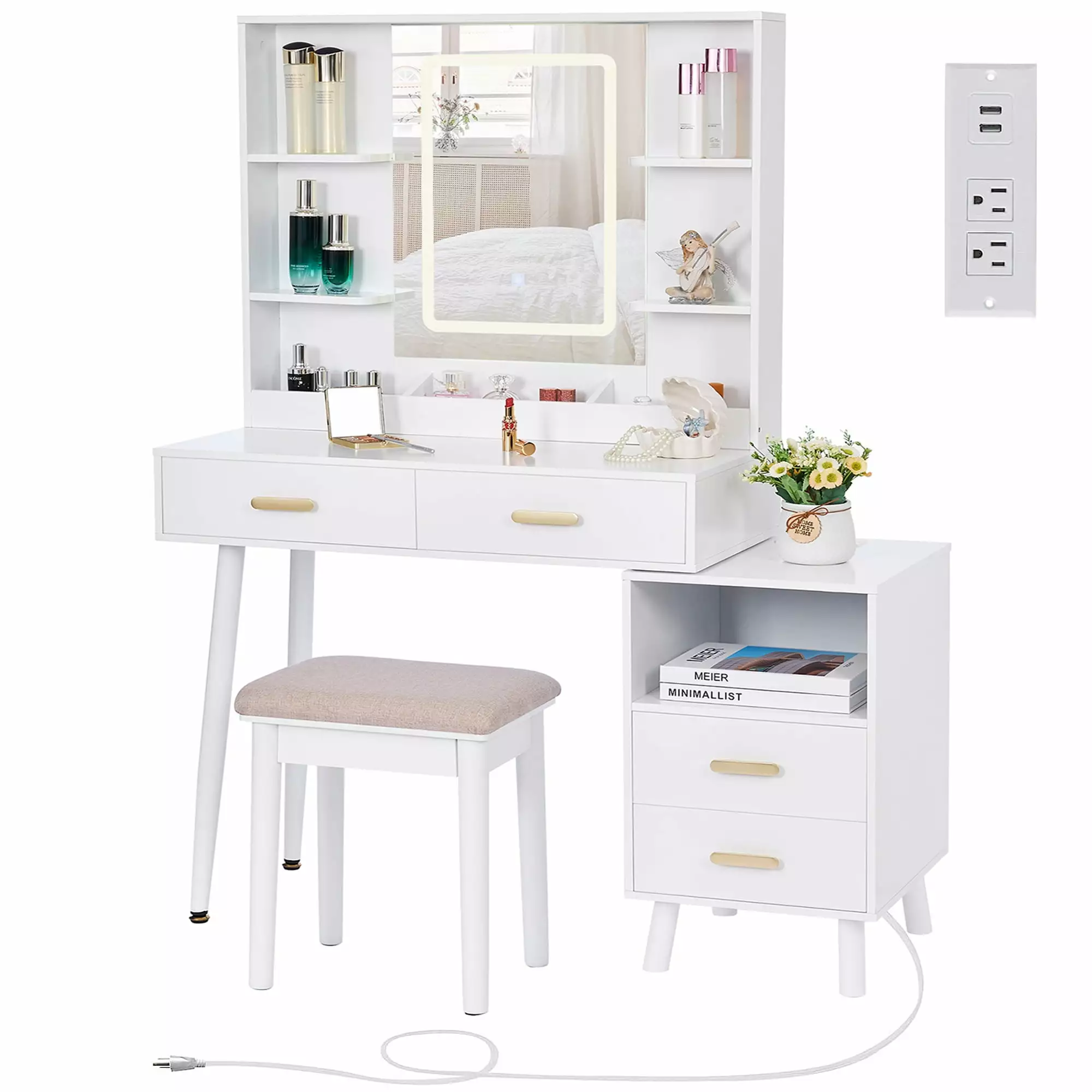 BEWISHOME Vanity Desk Mirror Lights Makeup Vanity Drawer & Stool 3 Colors Modes