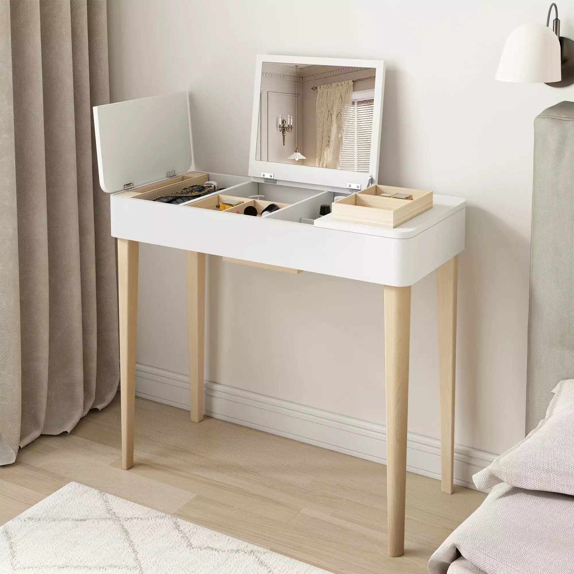 Facilehome Makeup Vanity Table Flip Top Mirror Writing Desk White Finish