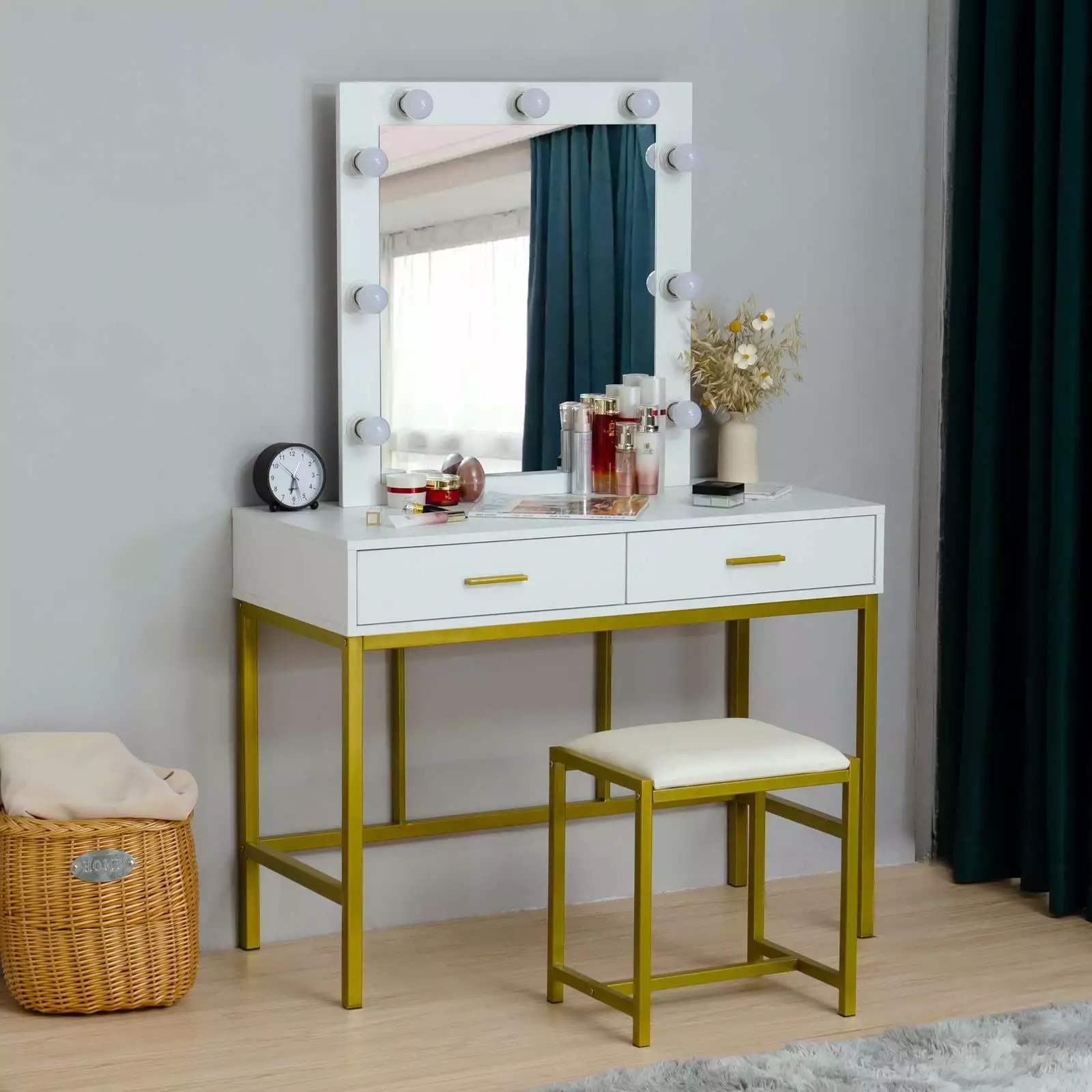 Ktaxon Vanity Makeup Table Set Dressing Jewelry Desk LED Lights Square Mirror Drawer White FCH