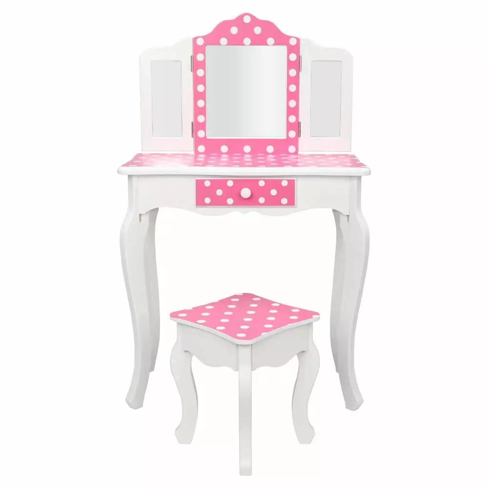 Zimtown Pink Kids Vanity Dressing Table Stool and Three-Fold Mirror FCH