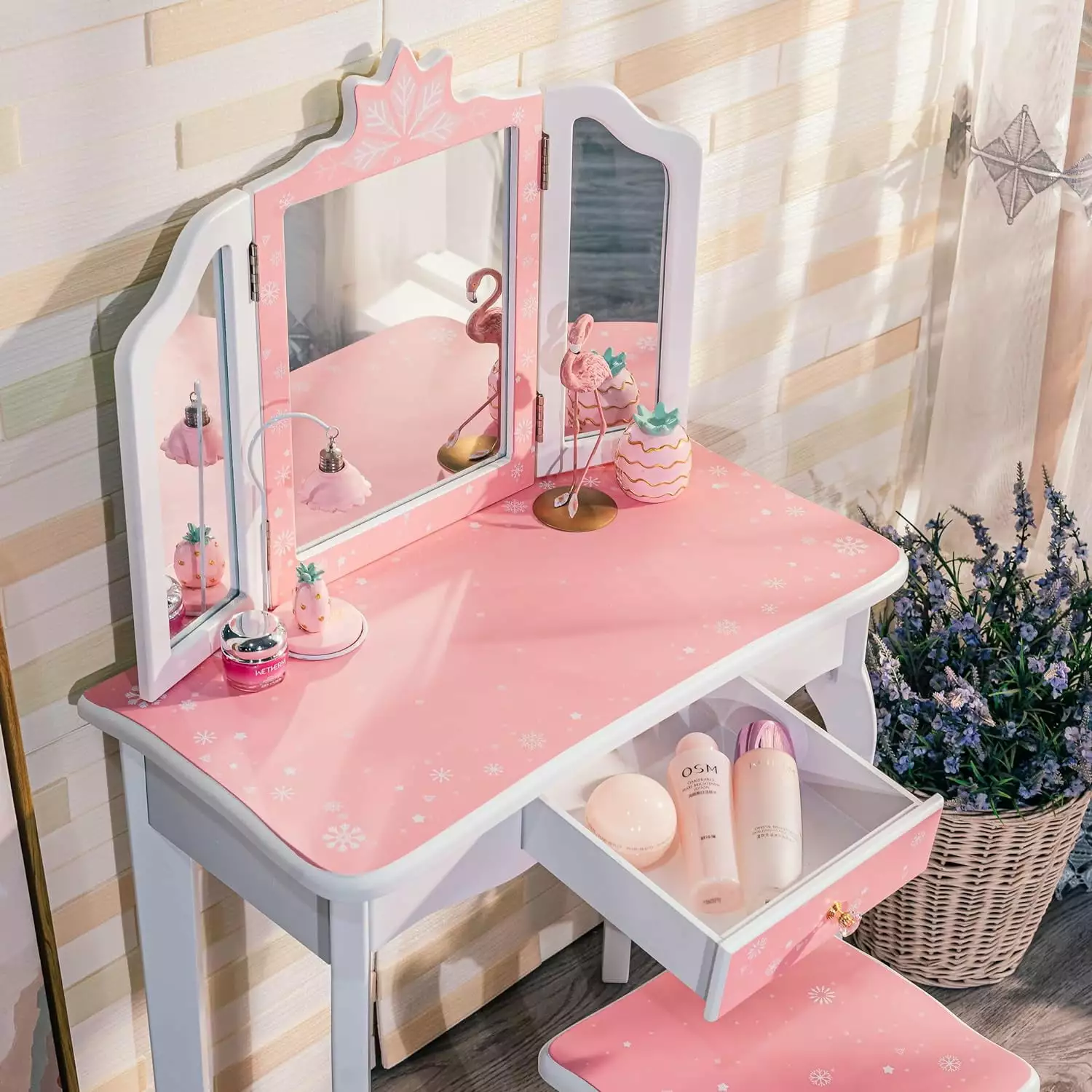 FunsLane Kids Vanity Table Mirror Stool & Drawer 2 1 Wooden Princess Makeup Desk