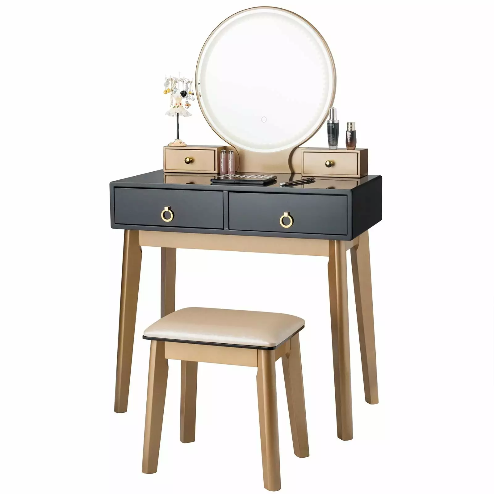 Giantex Vanity Set Lighted Mirror and Padded Stool - 3-Color Touch-Screen Dimming Light & 4 Drawers Black