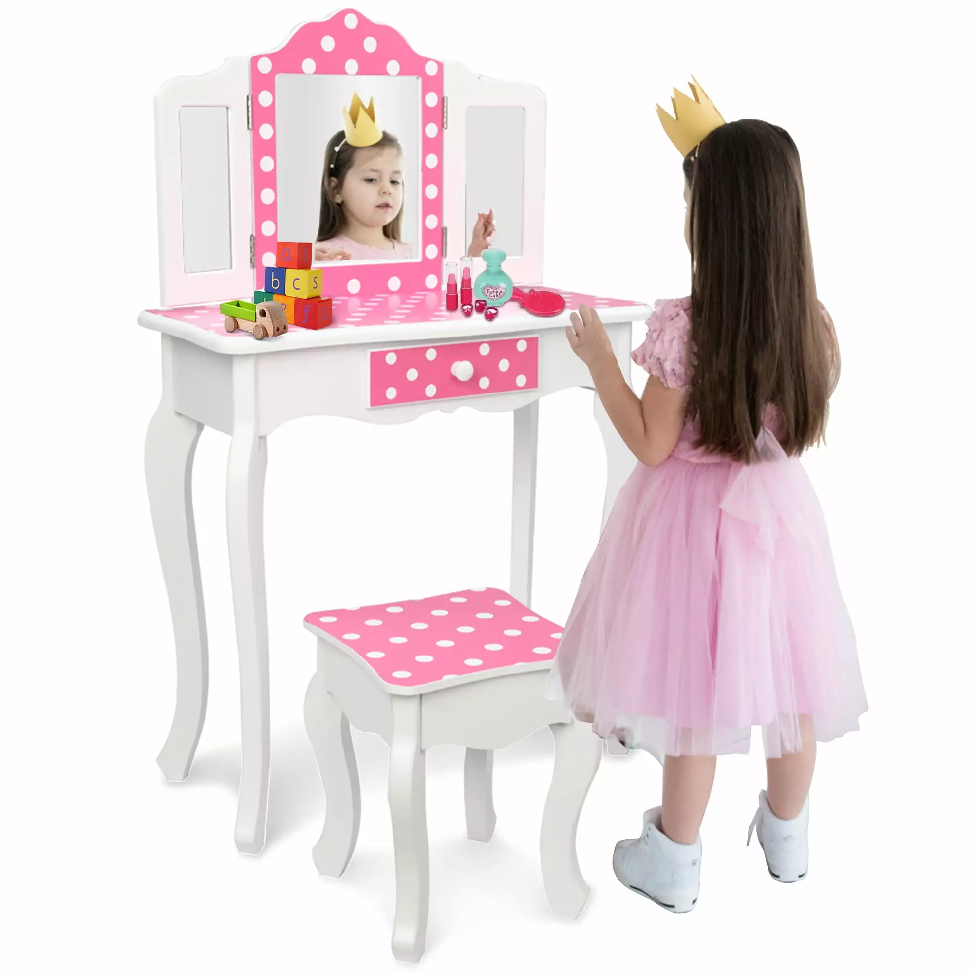 iRerts Kids Vanity Fold 3 Mirror - Princess Makeup Dressing Table Girls - Pink Kids Furniture Vanity Set Mirror