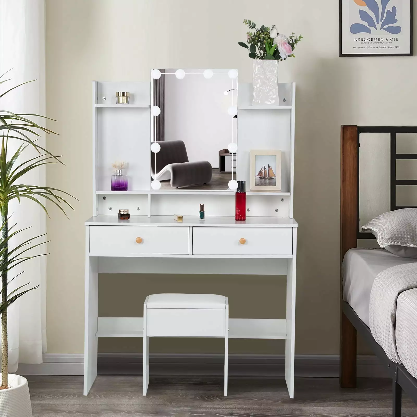 JBLCC Vanity Set 3 Color Lighted Mirror Makeup Dressing Table White