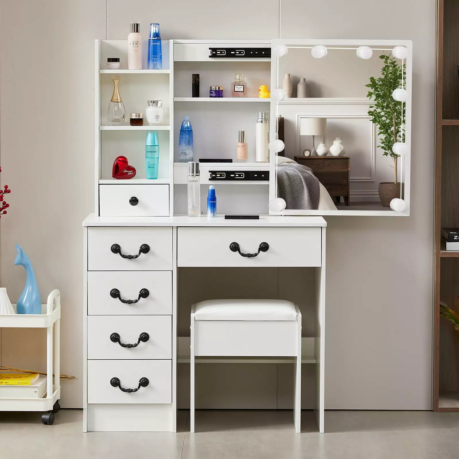 White Modern Vanity Set Mirror Lights Stool Makeup Vanity Table Shelves 5 Drawers Bedroom JBLCC