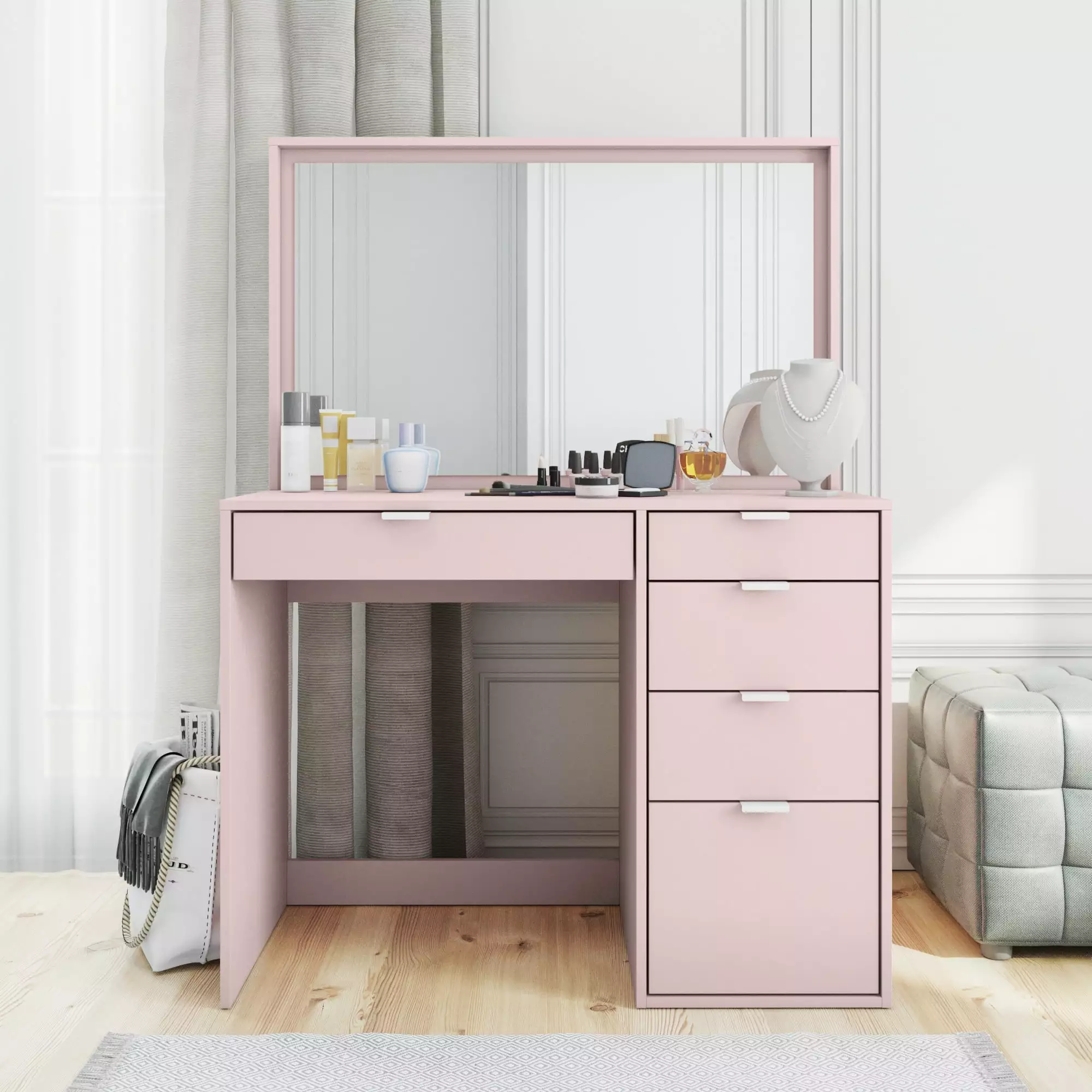 Vail 5 Drawer Vanity Rose Pink Finish Full-Sized Mirror Bedroom K1 International Group