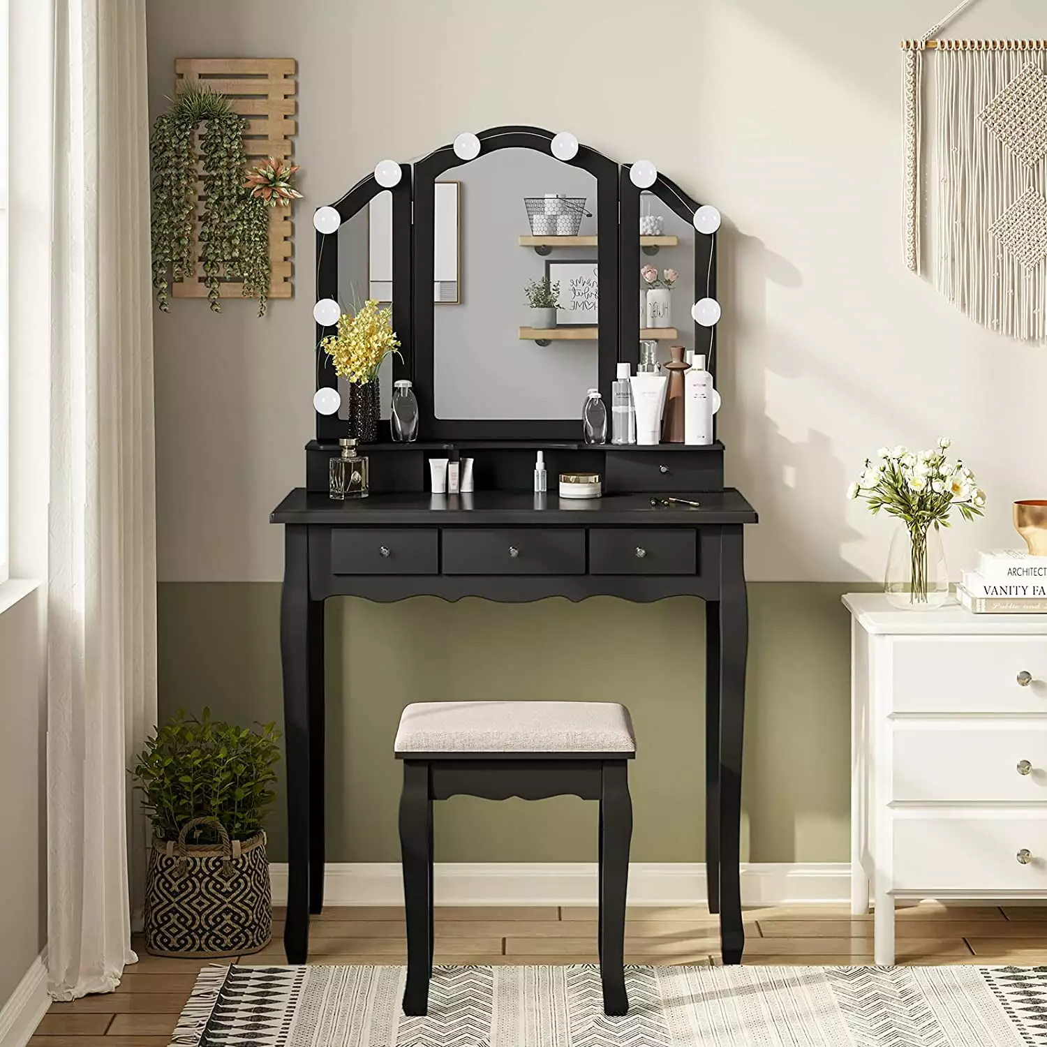 Makeup Vanity Set Lighted Tri-Folding Mirror Vanity Table 10 LED Light Bulbs 3 Color Modes Black Kicode
