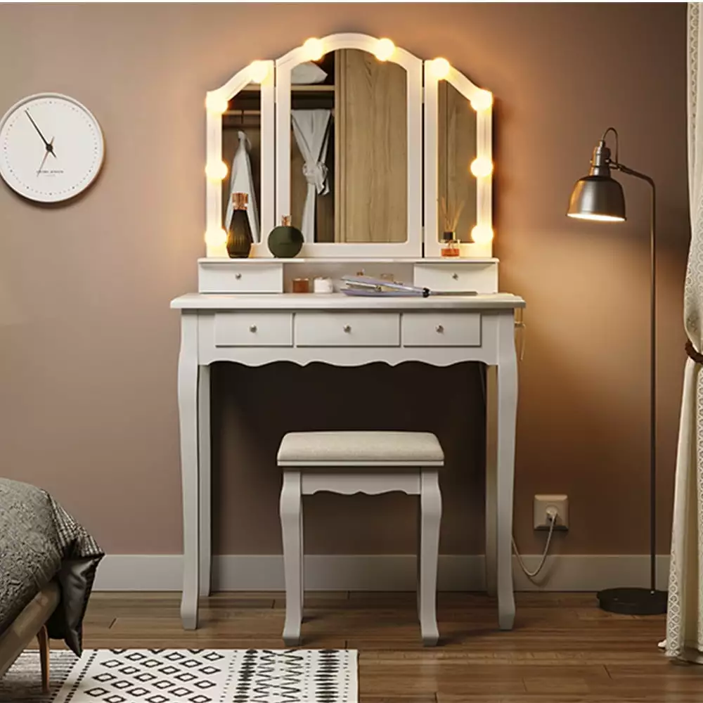 Makeup Vanity Tri-Fold Mirror Lights and Padded Stool 5 Drawer Charging Station White Kicode