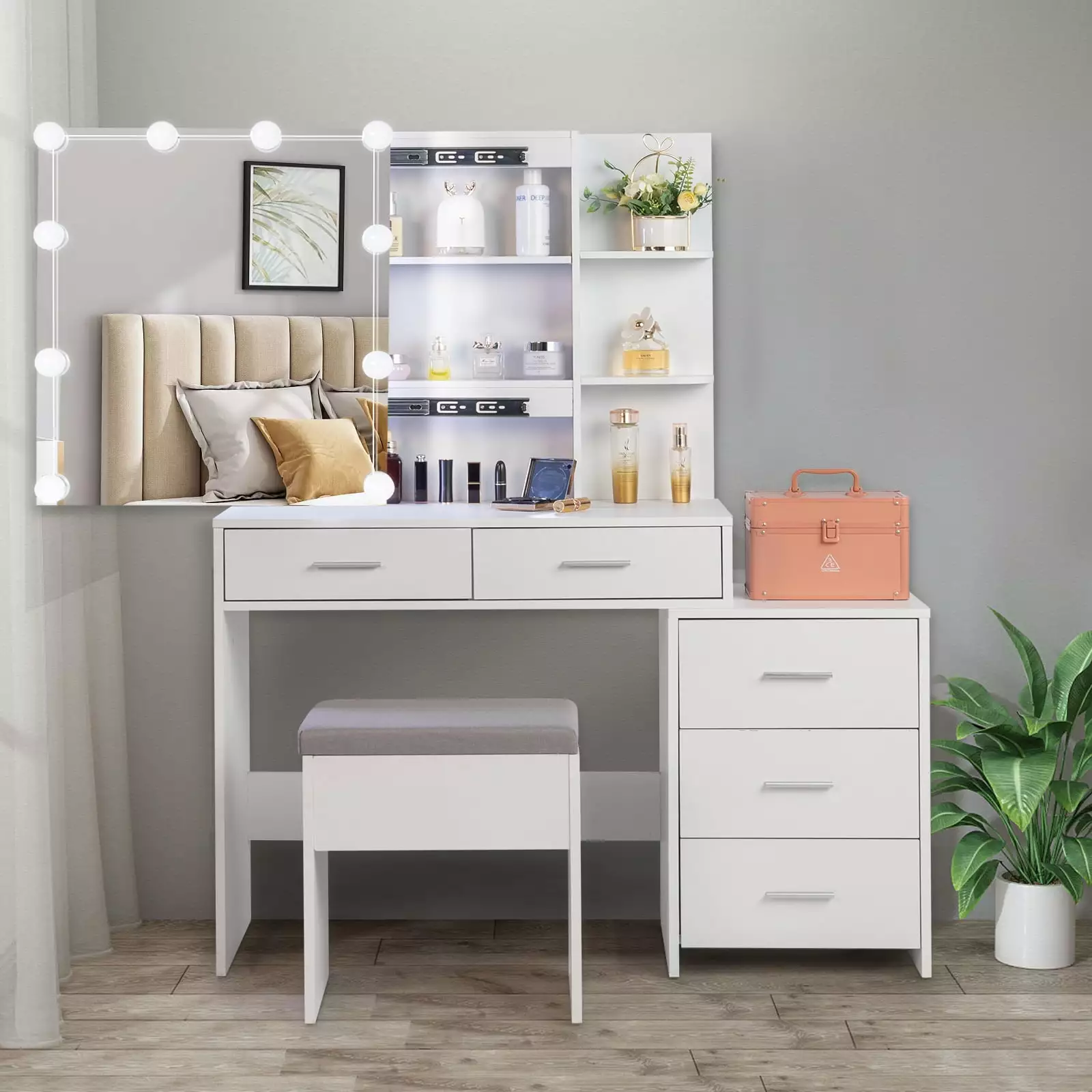 Ktaxon Lighted Makeup Vanity Table Set Dressing Table Sliding Mirror Vanity Desk White