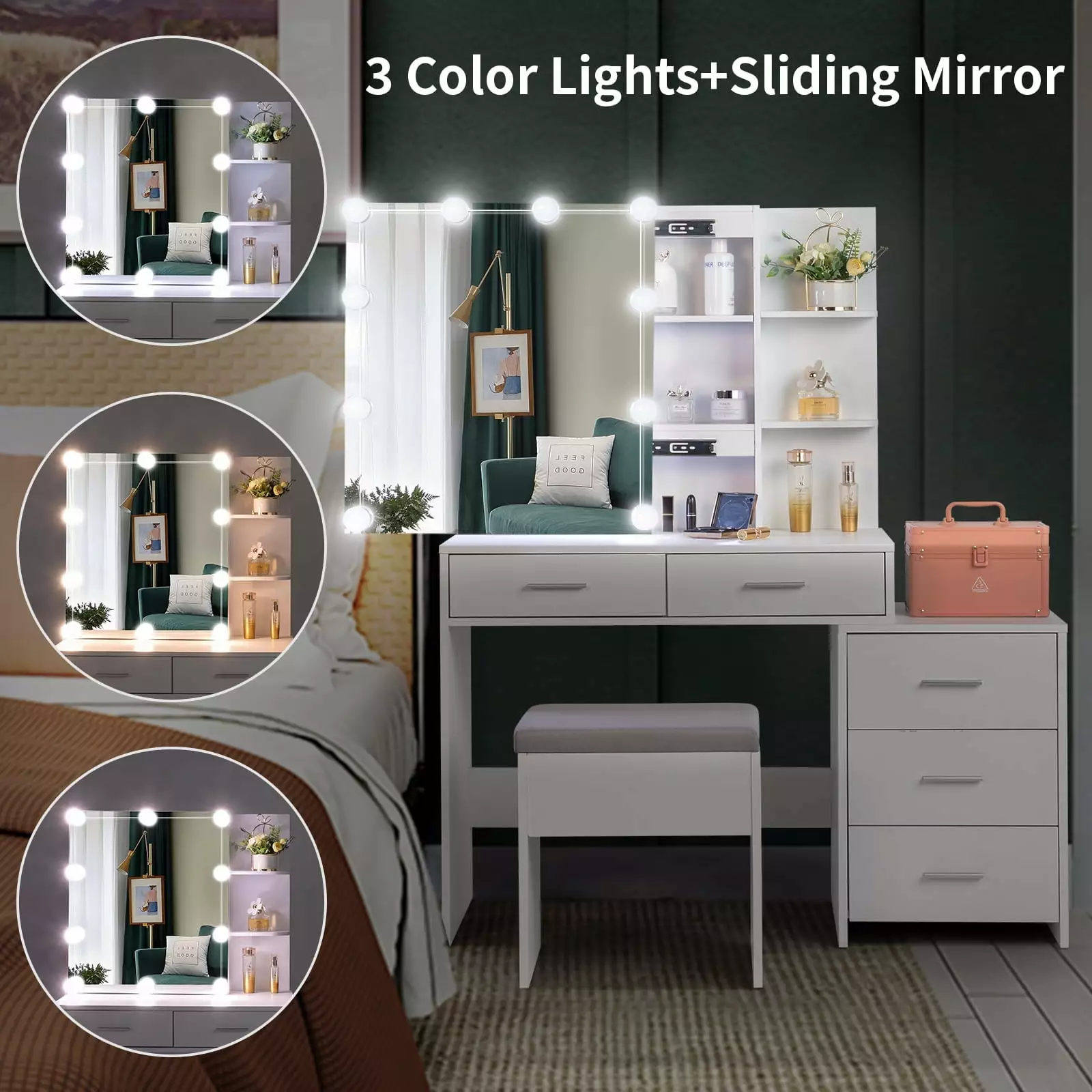 Ktaxon Vanity Set 3 Color Lighted Mirror Makeup Table 3 Storage Shelves & Drawers Dressing Table Makeup Desk Stool White