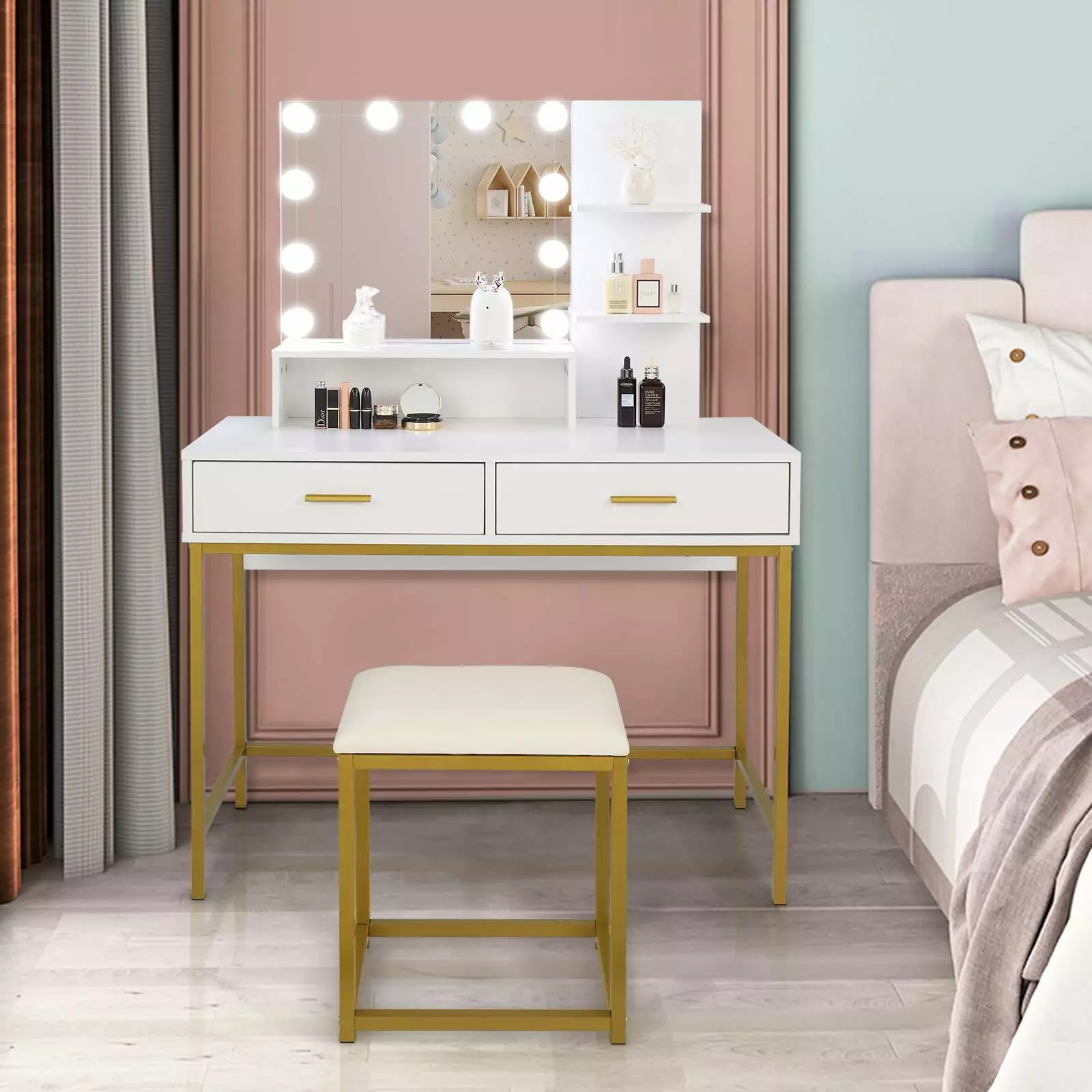 Ktaxon Vanity Table 3 Color Lighted Mirror and 2 Drawers Gold and White