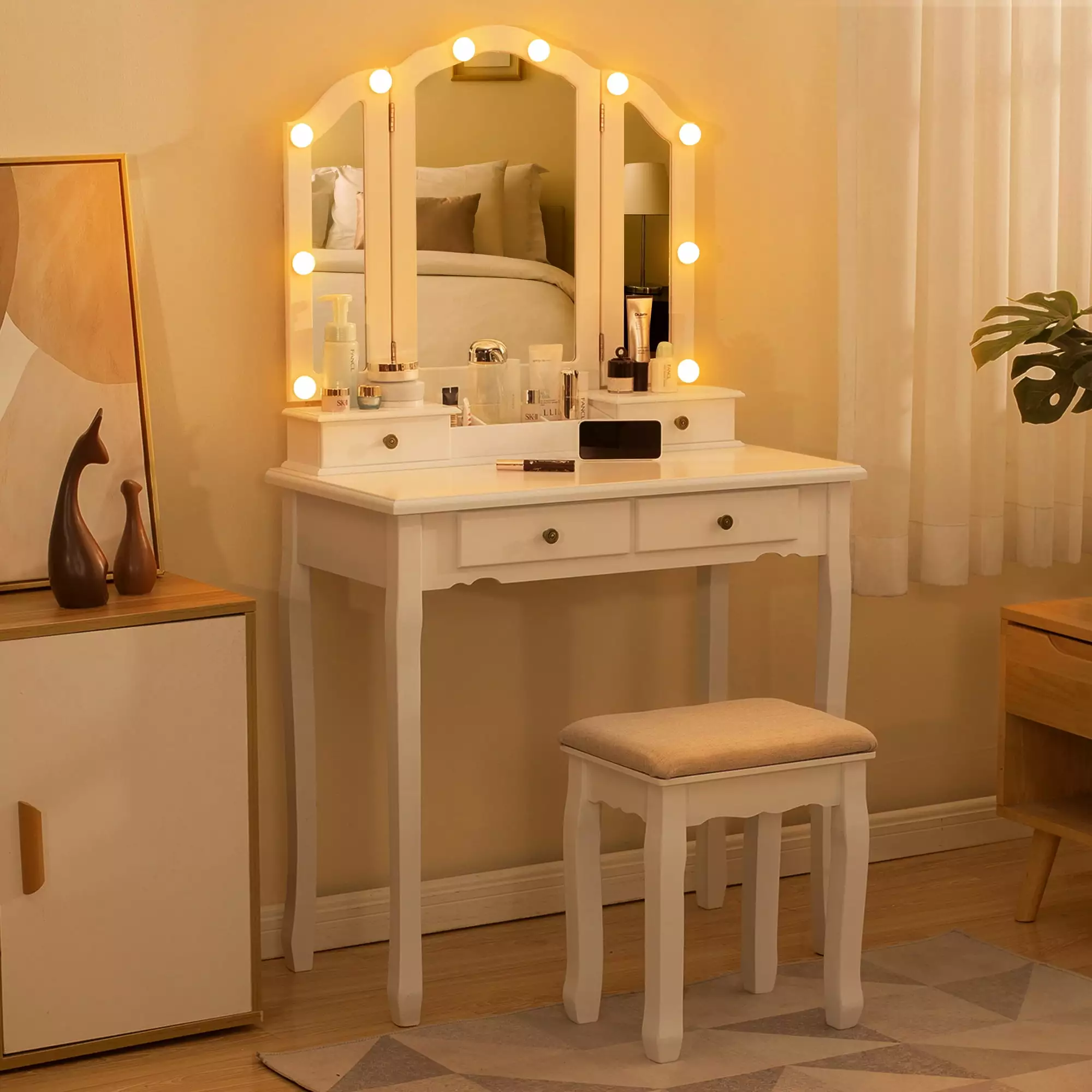 LilyFantasy Makeup Vanity Lights Tri-fold Vanity Table Set 4 Drawers and Stool
