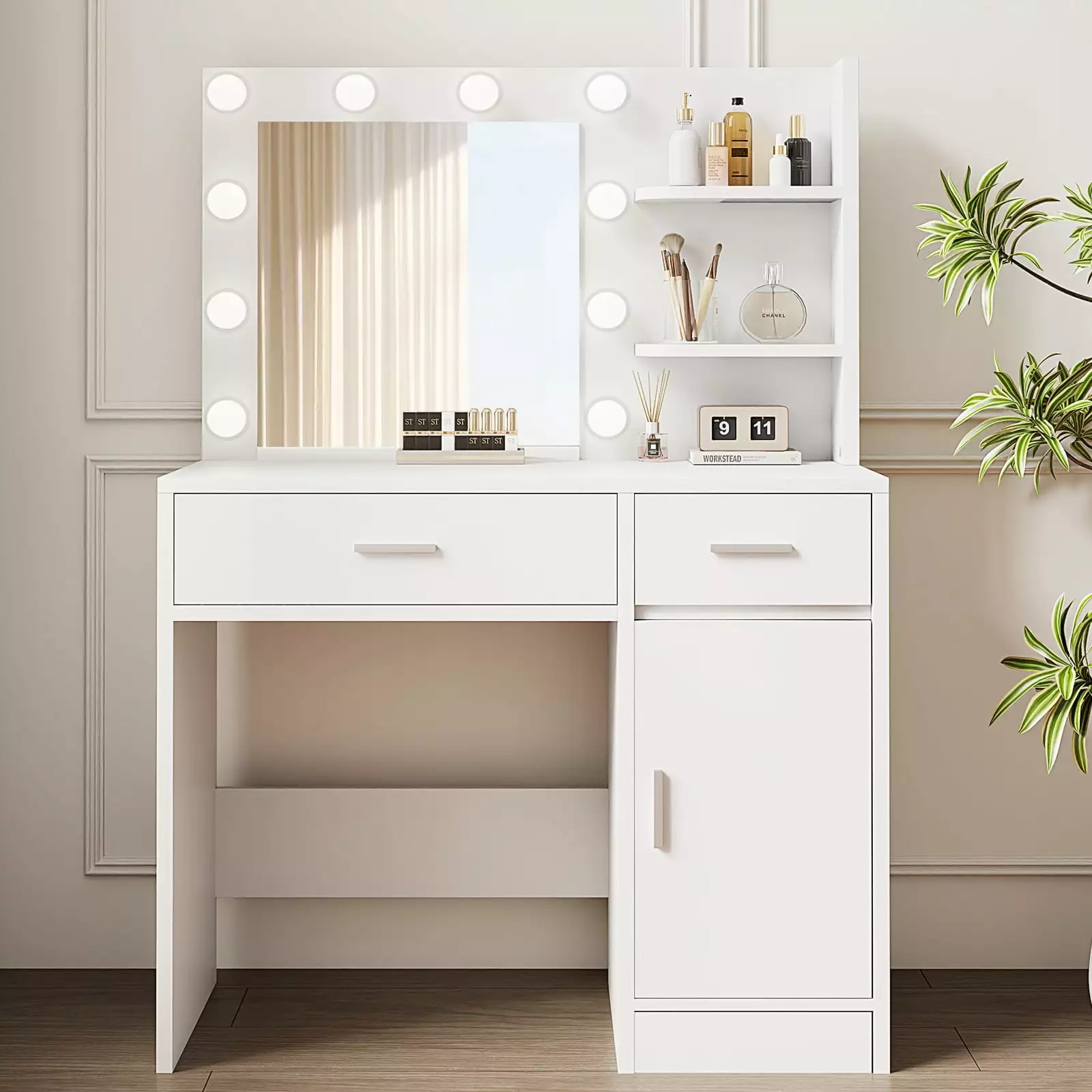 LIVELYGLOW Vanity Desk Mirror and Lights Makeup Vanity Drawer and Storage Shelves