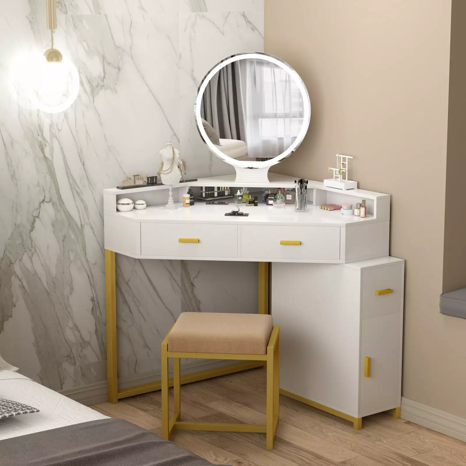 PAKASEPT Corner Vanity Set Lighted Mirror Makeup Dressing Table Drawers Cabinet and Cushioned Stool Girls Vanity Desk Bath...