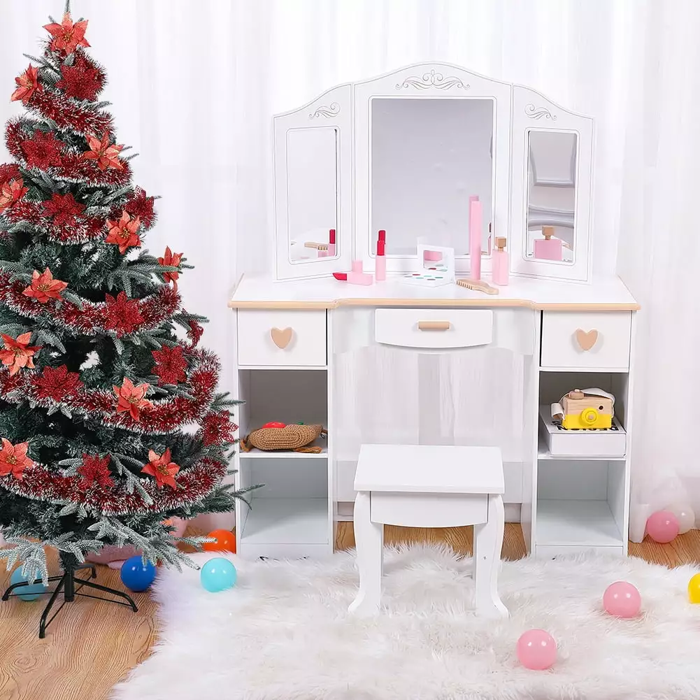 Girls' Vanity Table and Stool Set. Kids Makeup Dressing Table Wood Makeup Playset Toy. Kids Vanity Set Mirror & Drawer Age...