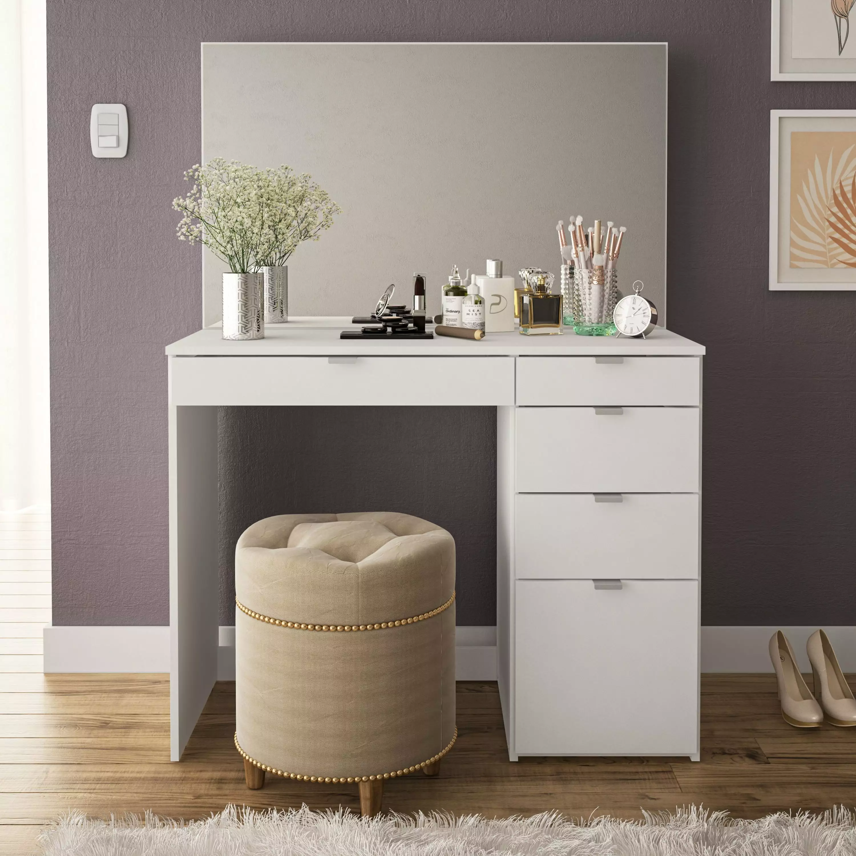 Polifurniture Linden Modern Bedroom Makeup Vanity Table White Finish