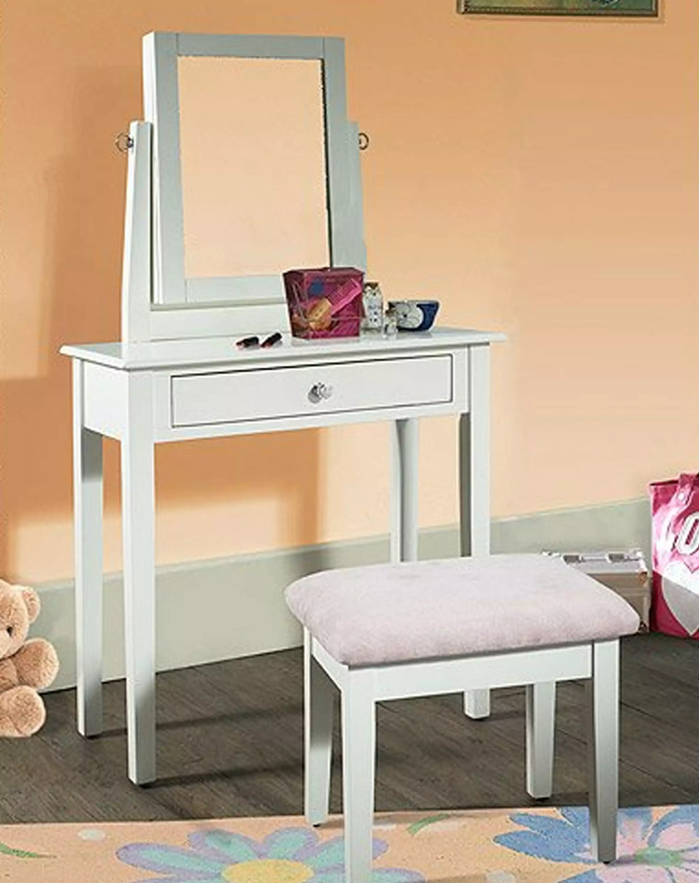 Powell Vera Youth Vanity Bench and Mirror Set Jewelry Storage White