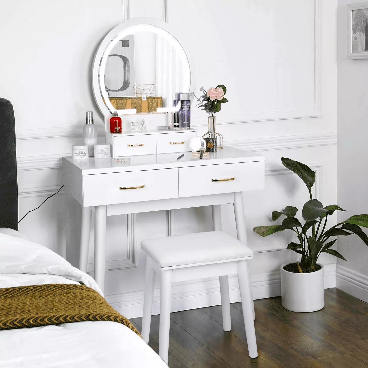 RichYa Modern Small Vanity Desk Mirror and Drawers and Lights Makeup Table Set Girls Women White