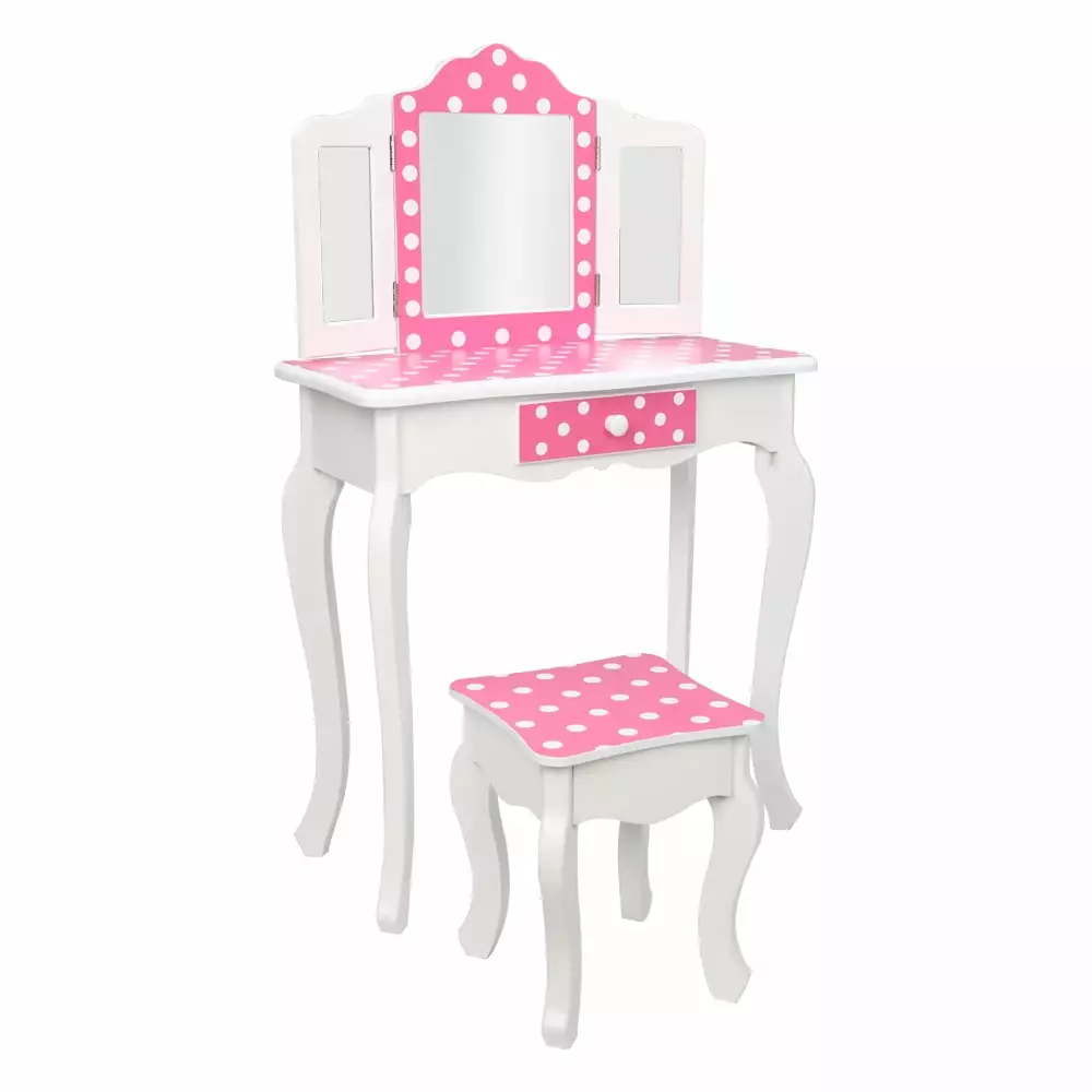 SESSLIFE Kids Vanity Table and Chair Children Vanity Set Mirror Makeup Dressing Table Drawer Play Vanity Set Girls Red Dot...