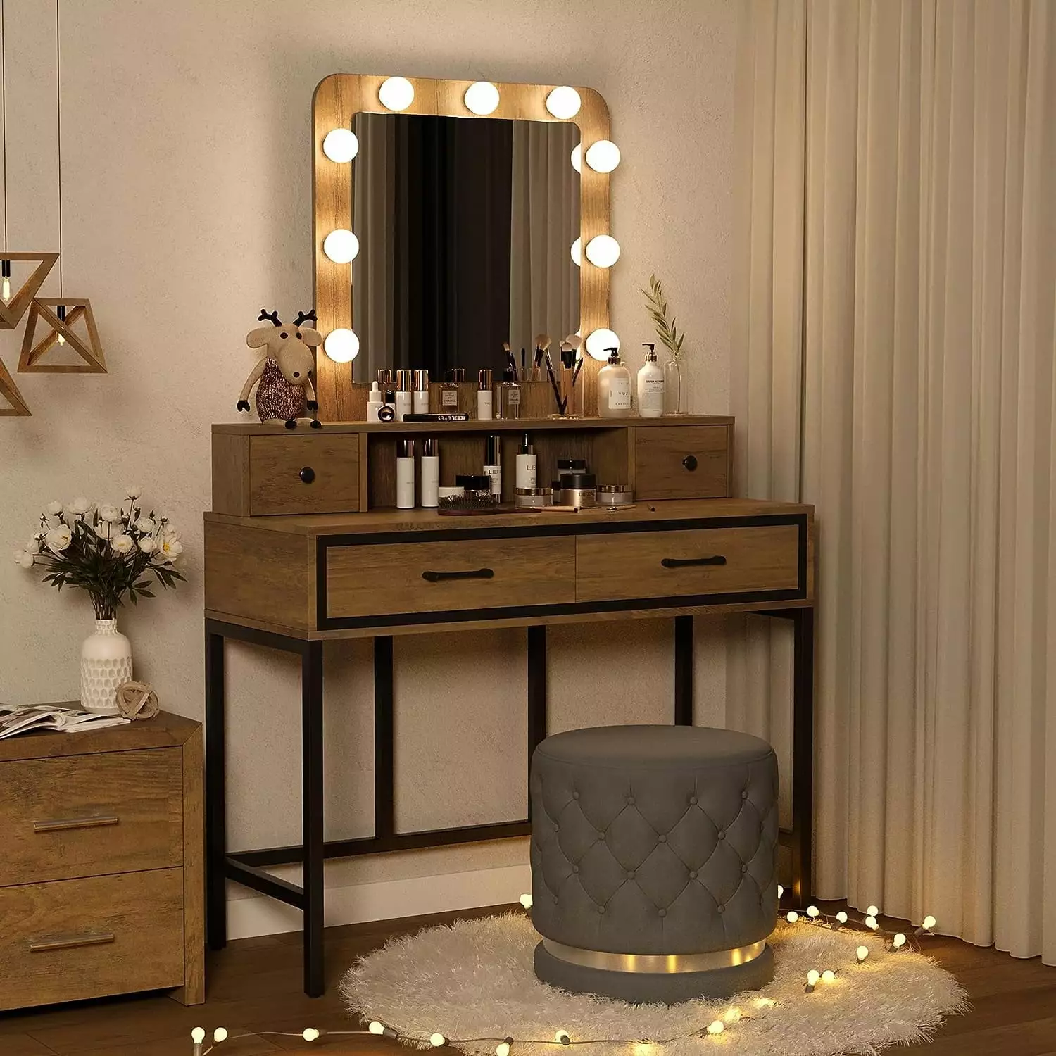 Superjoe Makeup Vanity 3 Color Dimmable Lighted Hollywood Mirror - 4 Drawers Dressing Desk - Brown