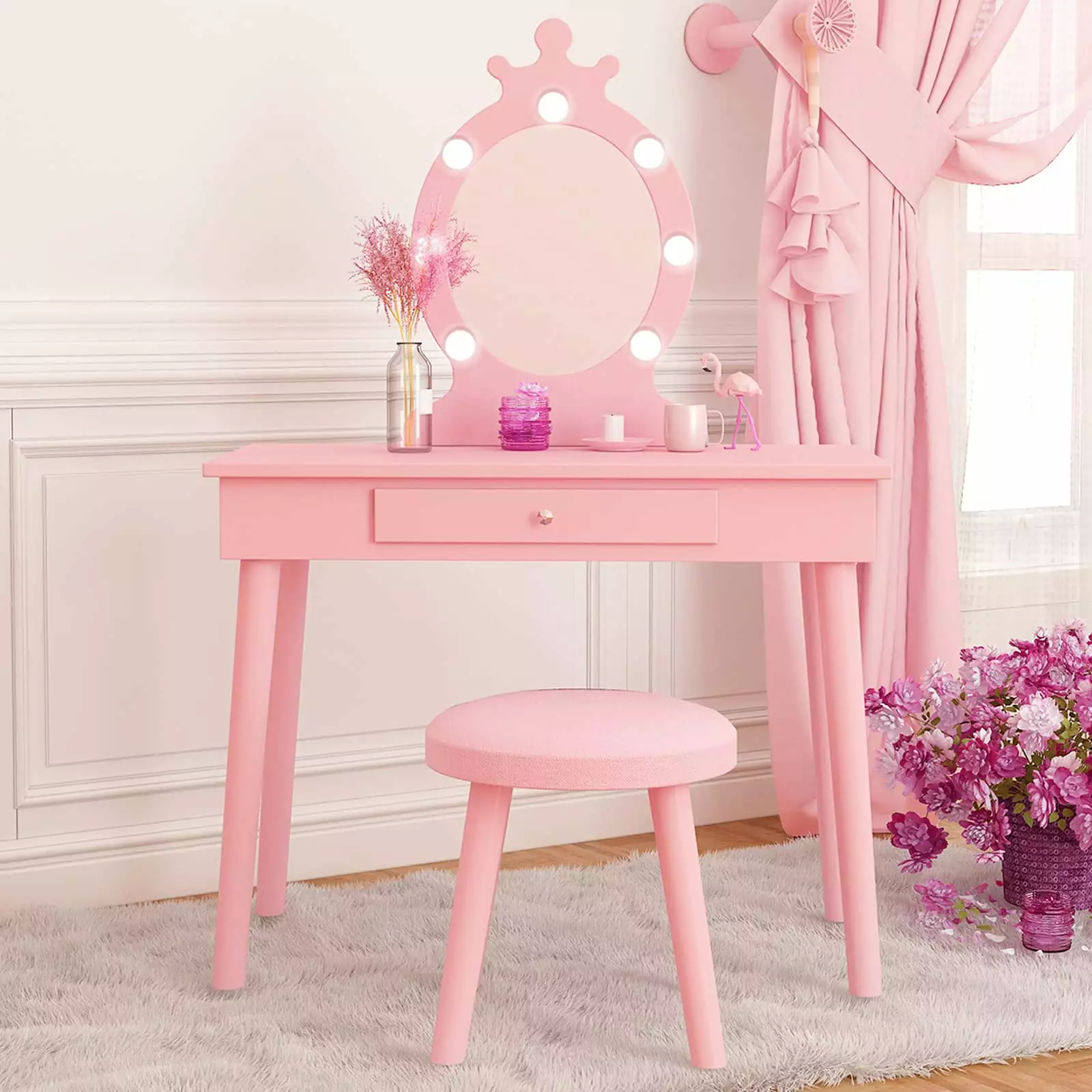 Veanerwood Kids Vanity Table & Stool Princess Dressing Makeup Set Lighted Mirror Pink