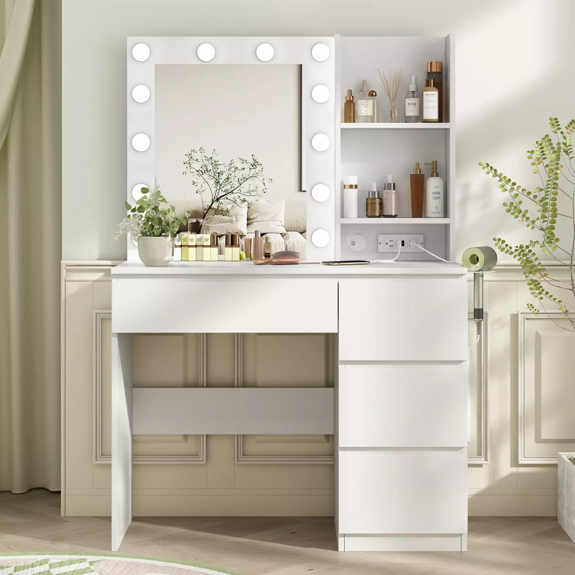Veanerwood Makeup Vanity Lights and Power Strip White Modern Bedroom