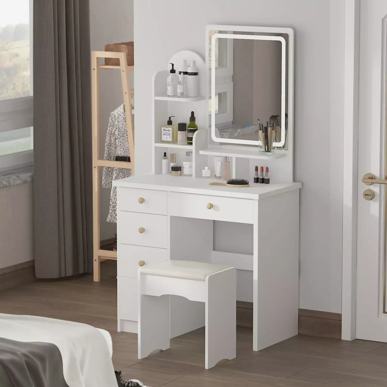 Vanity Set Mirror and Lights - Modern Makeup Dressing Table 5 Drawers White WIAWG
