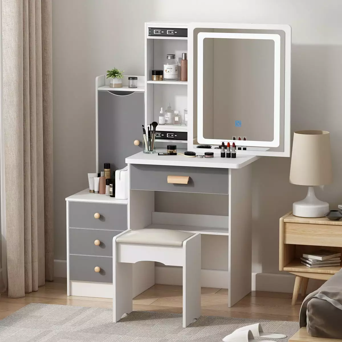 WIAWG Girls Vanity Set Mirror and Light Gray Makeup Dressing Table