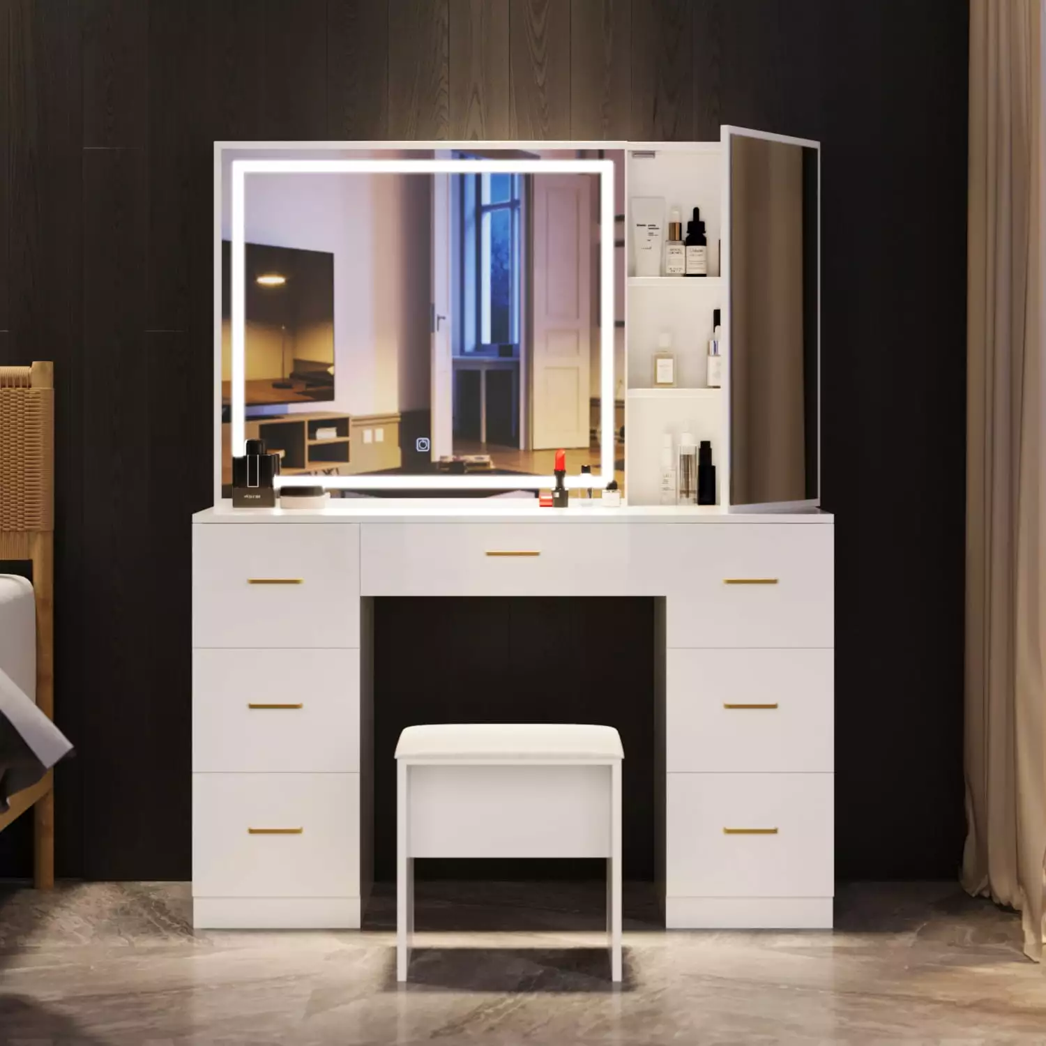 Wildhome Vanity Set Lighted Mirror - 7 Drawer Makeup Dressing Table Stool White