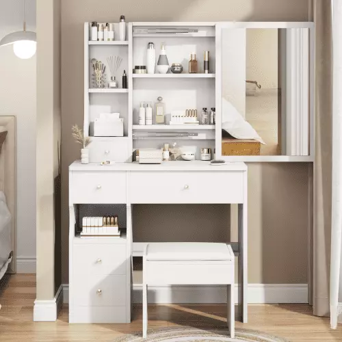 Wohh Small Desktop Vanity Table Cushioned Stool and Extra Large Sliding Mirror - Multi-Layer Storage Dresser
