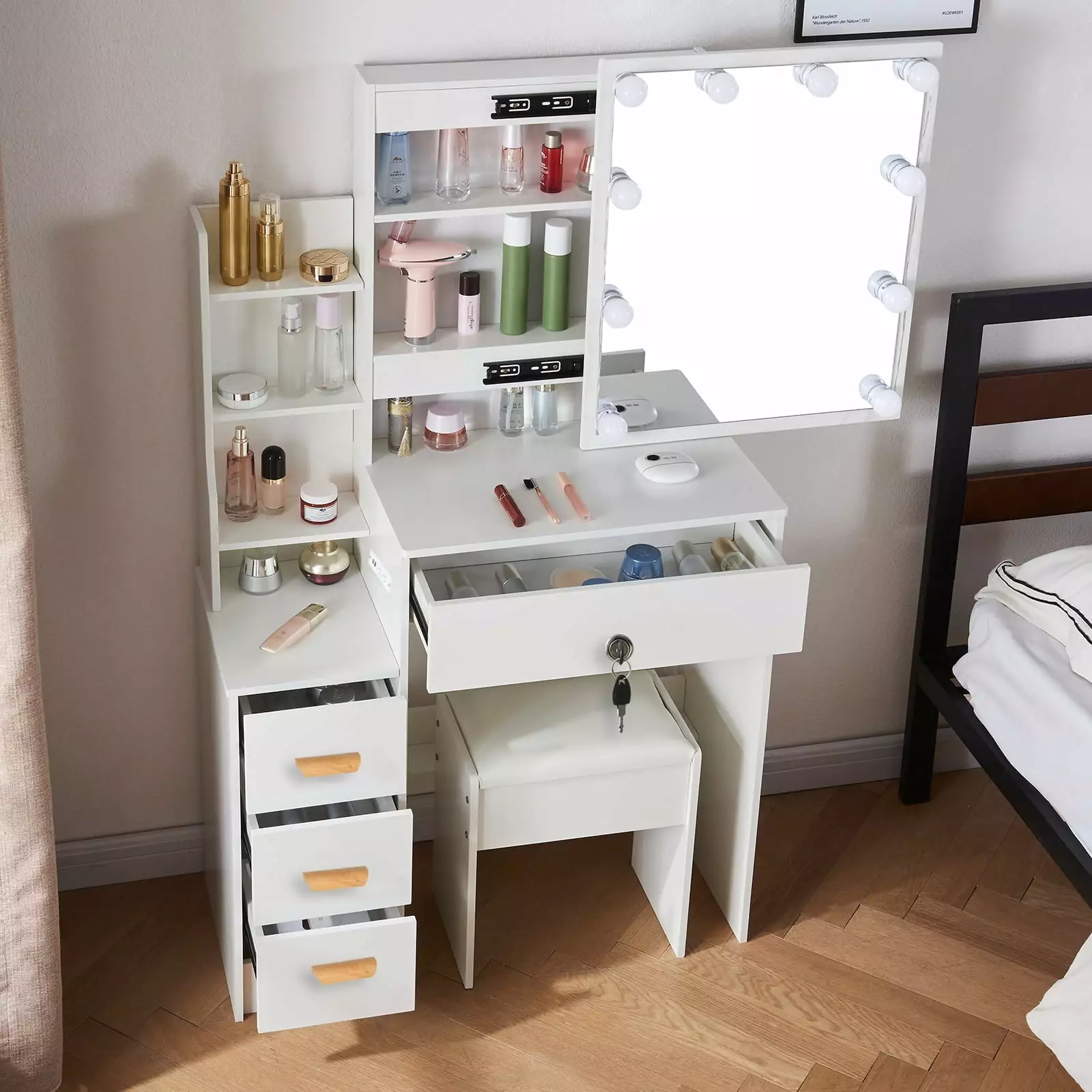 Yamissi Makeup Vanity Desk Mirror and Lights - 4 Drawer Table Charging Station White