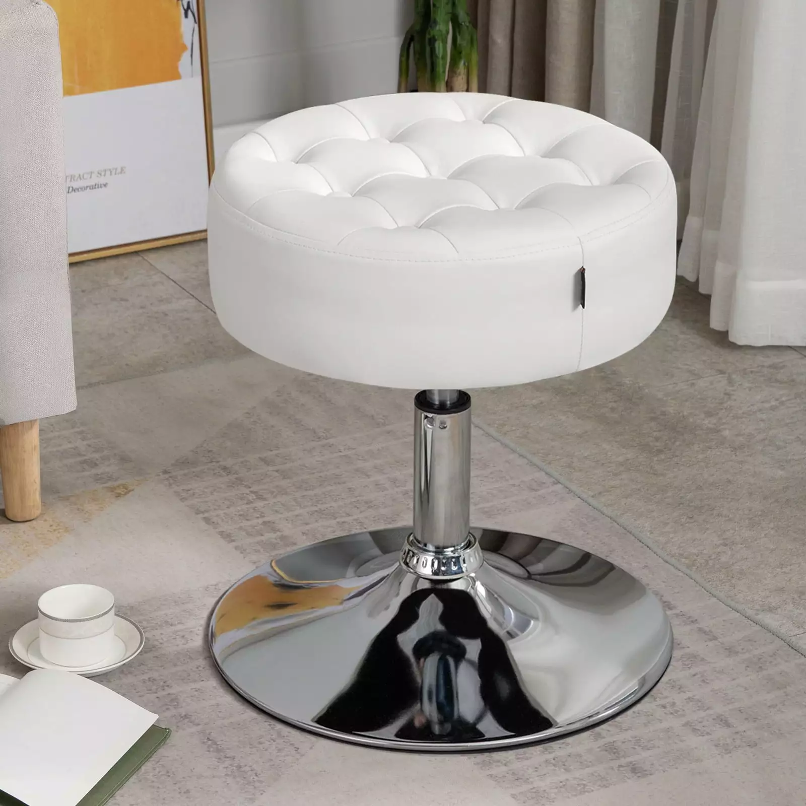 Furniliving Modern Adjustable Vanity Stool Vanity Chair Bedroom Living Room Metal Frame White