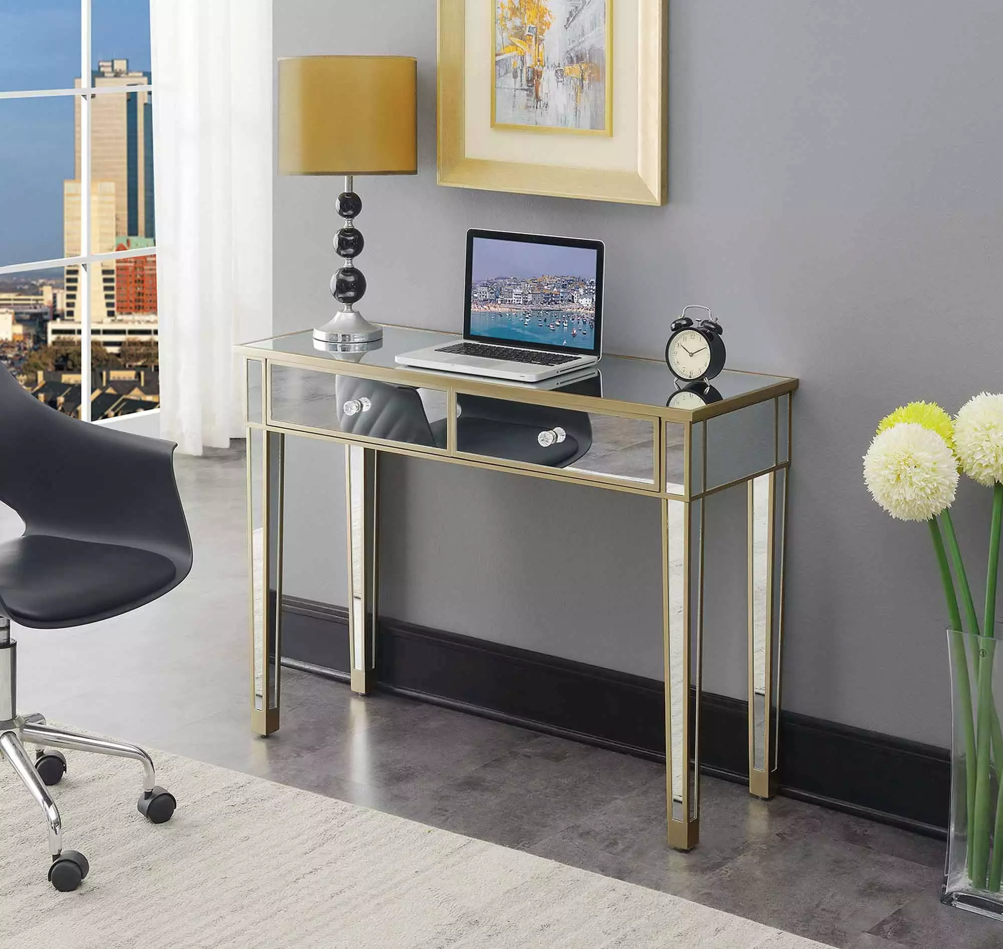 Convenience Concepts Gold Coast Mirrored 2 Drawer Desk Champagne