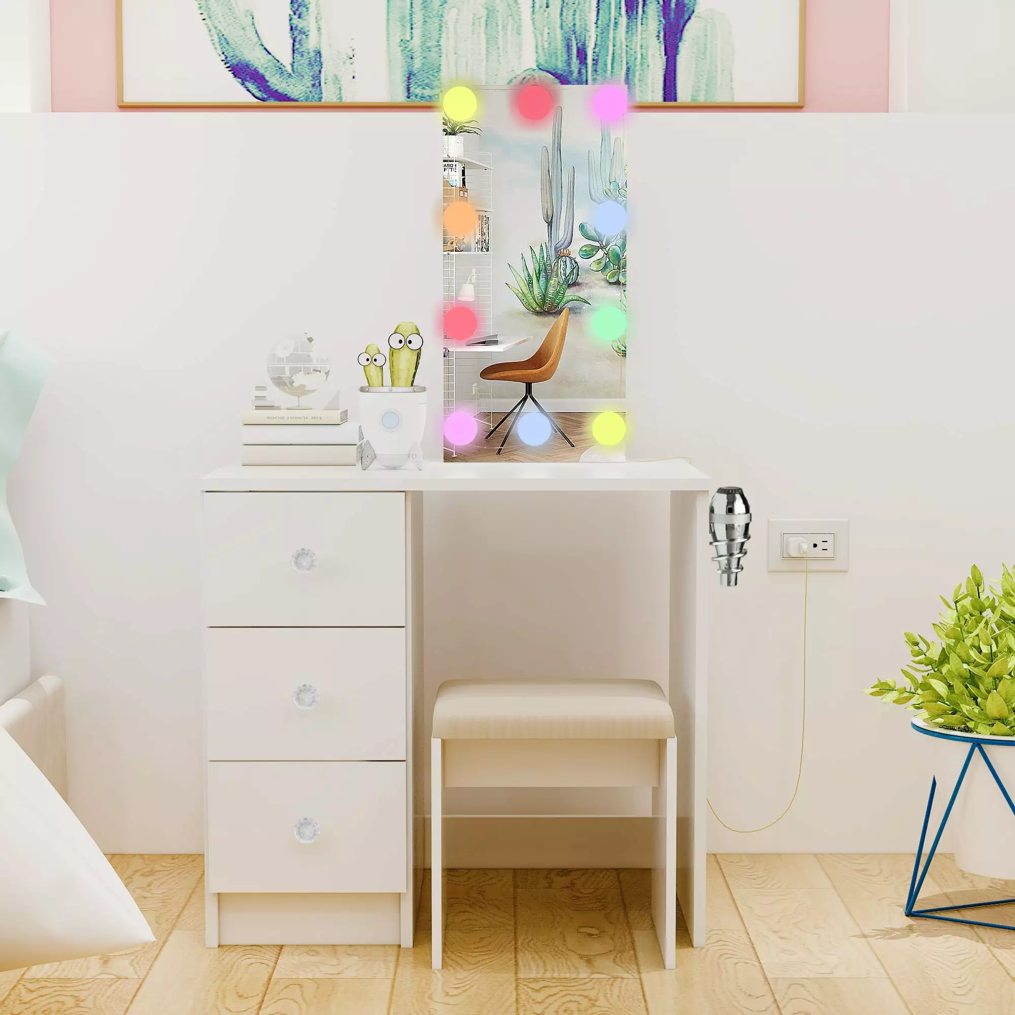 Ember Interiors Kids Vanity Desk Mirror Lights Chair and Crystal Ball Knobs White