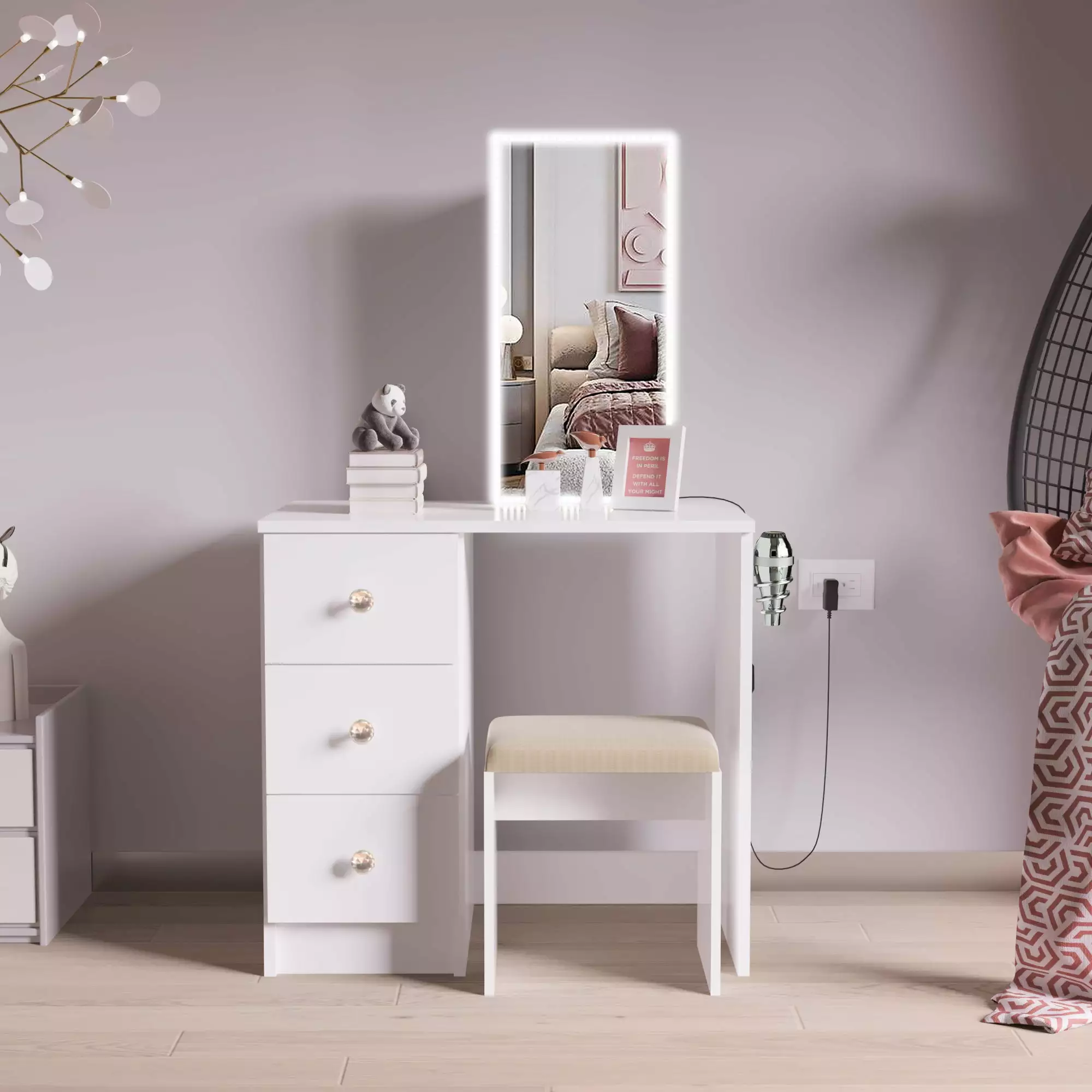 Ember Interiors Small Kids Vanity LED Lights Makeup Chair Rose Gold Knobs White