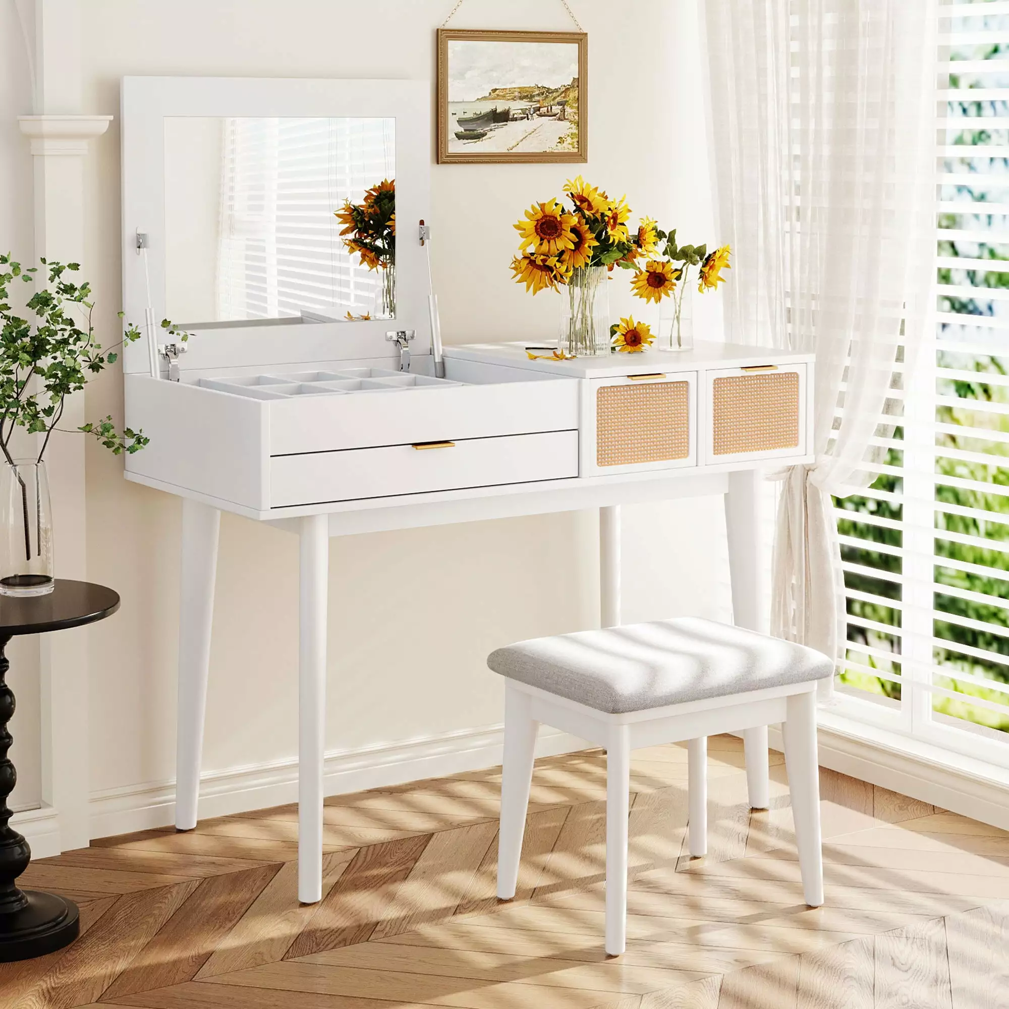 Soges 43 Modern Makeup Dresser Flip-top Mirror and Stool Wood Vanity Set Three Drawers White