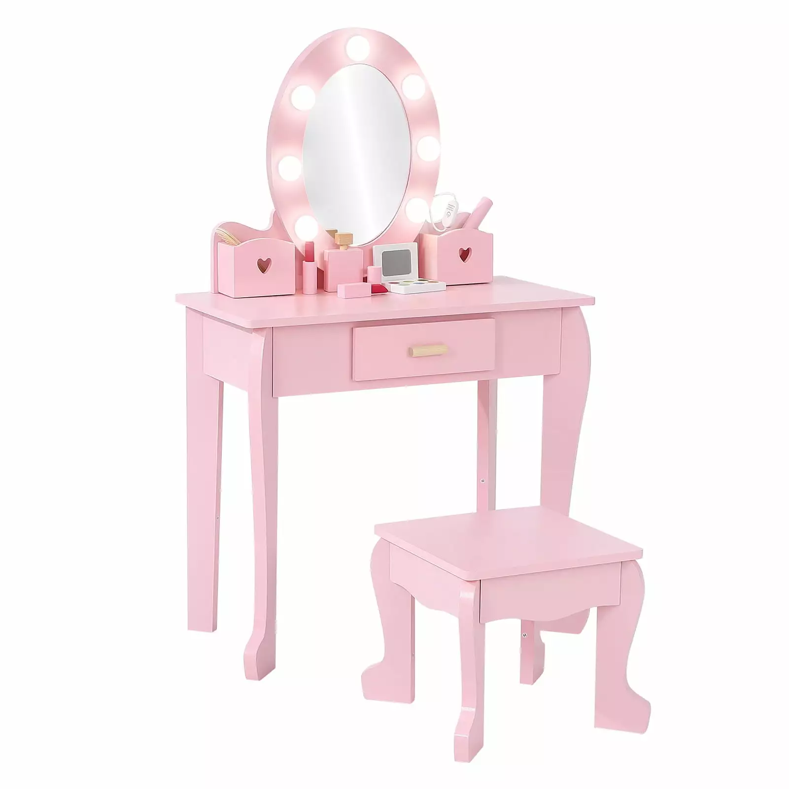 Acekid Girl Wood Vanity Table and Chair Set Kids Makeup Dressing Table Lights Mirror and Drawer