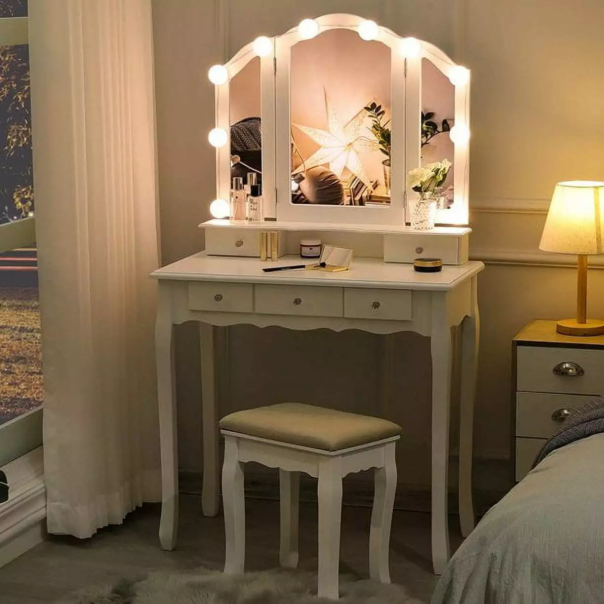 Afuhokles Vanity Table Set Lighted Tri-Fold Mirror and Stool Makeup Vanity Dressing Desk 5 Drawers White