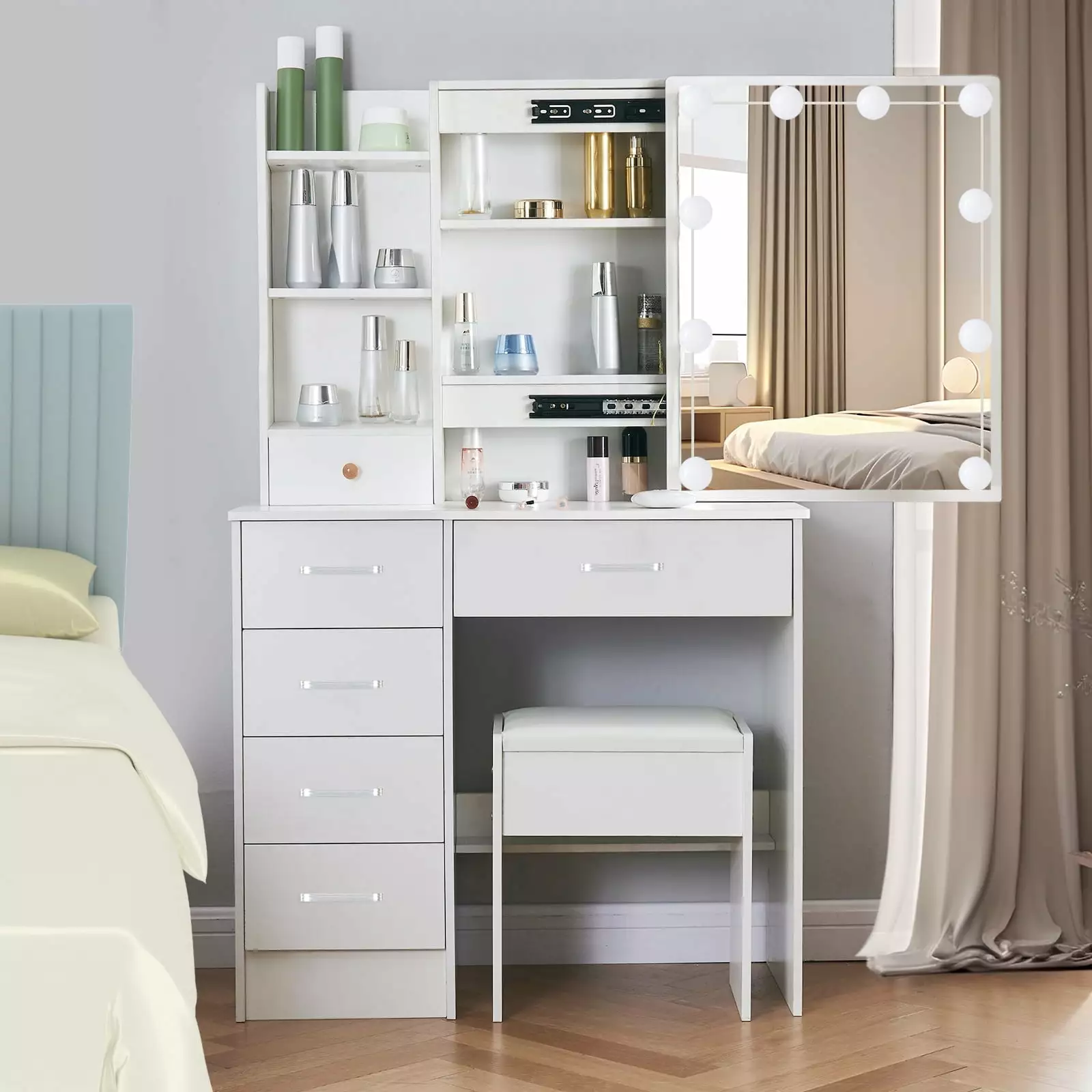 Caulitar Modern Makeup Vanity Set Lights, 6-Drawers Dressing Table Stool and LED Mirror