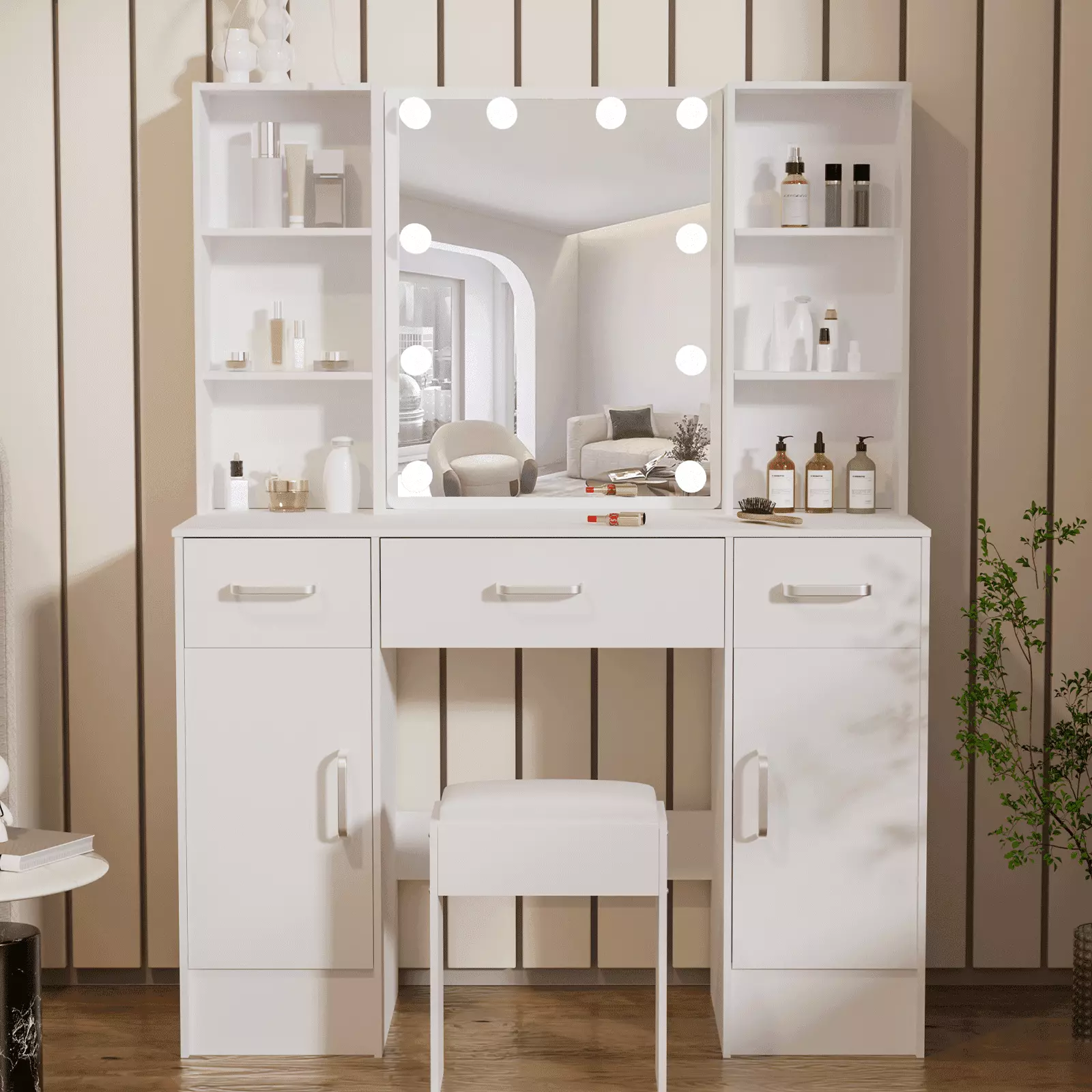 Ciumeeo Vanity Desk Mirror and Lights, 3 Drawers and 2 Cabinets, 3 Lighting Modes
