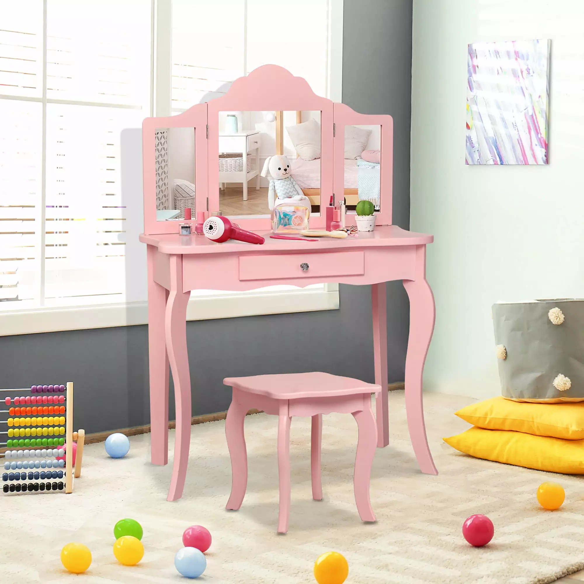 Costway Kids Vanity Table and Stool Princess Dressing Make Up Play Set Girls Pink