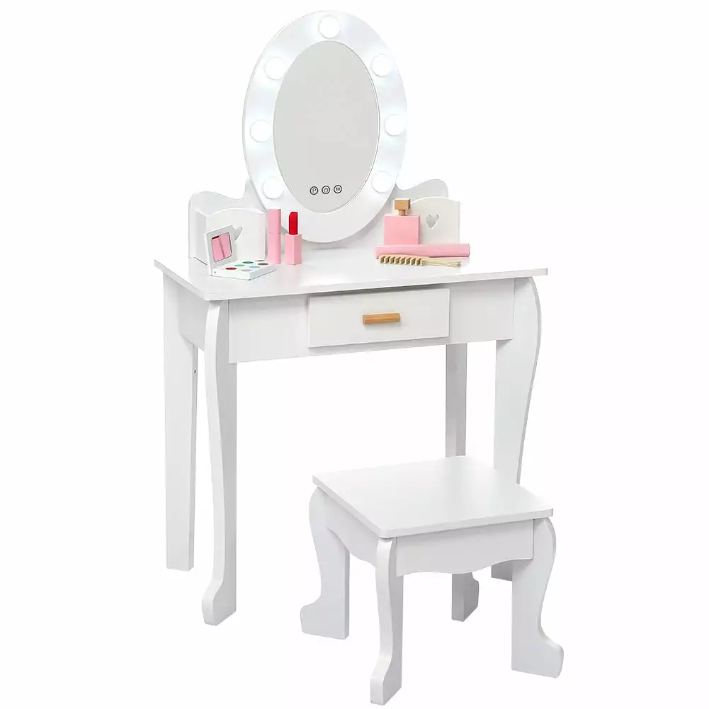 EastVita Kids Vanity Set Mirror and Drawer Girls' Vanity Table and Chair Set Wood Makeup Playset Ages 3-9 White