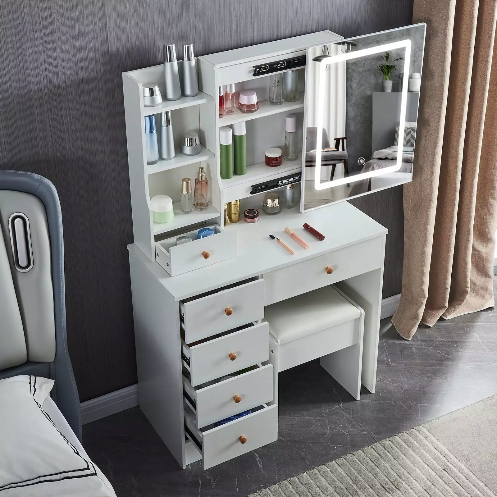 Jarbalai Makeup Vanity LED Lights, Small Vanity Mirror, 5 Drawers and Shelves