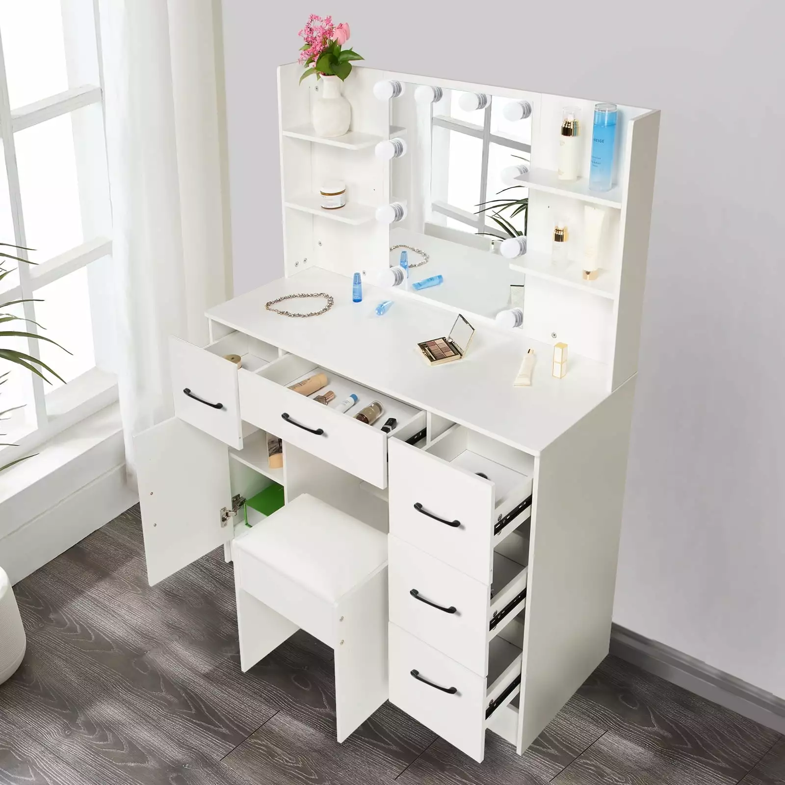 Jarbalai Vanity Set LED Lights, Makeup Table Stool, 4 Shelves and 5 Drawers