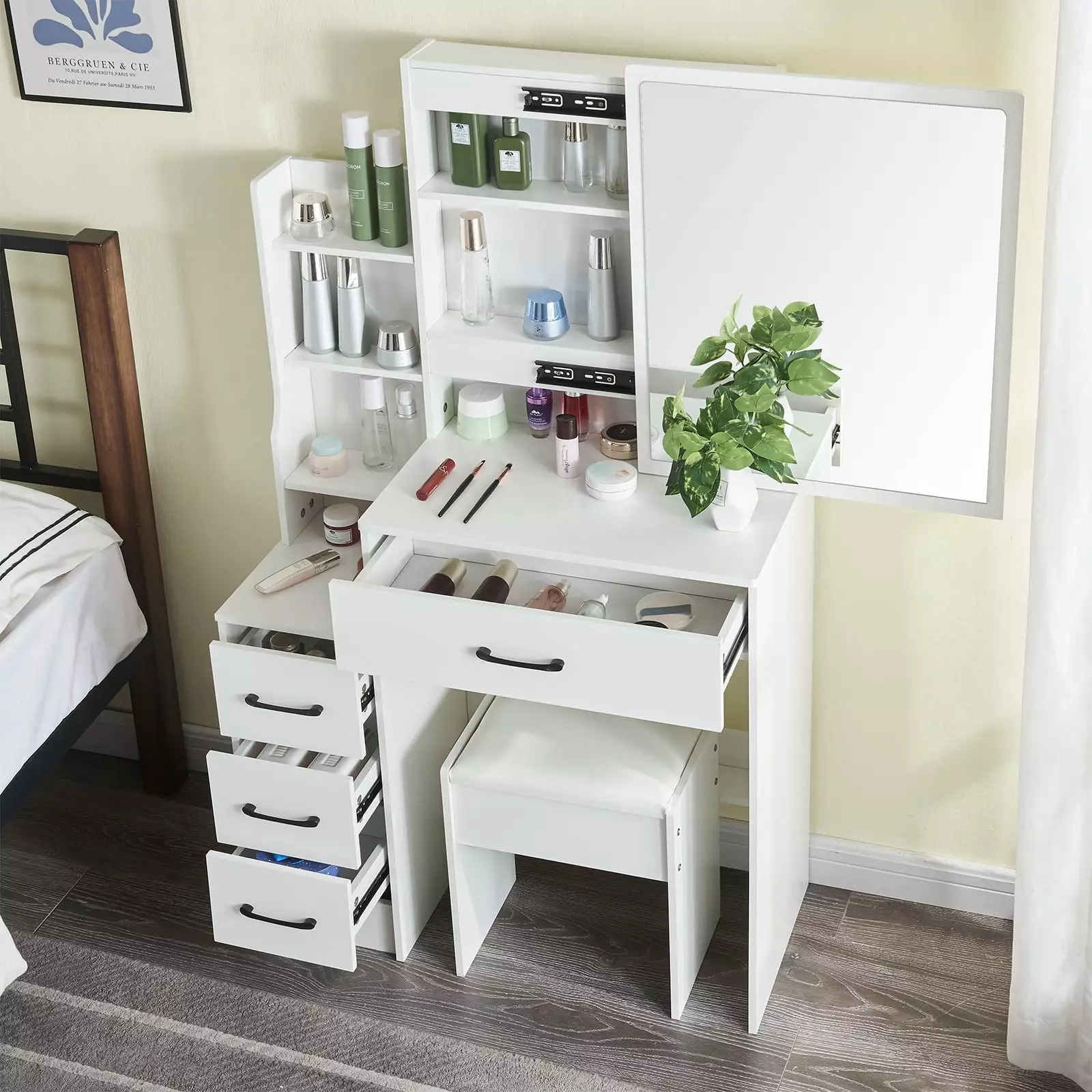 Kkonetoy White Vanity Set Sliding Lighted Mirror, 4 Drawers, Includes Stool