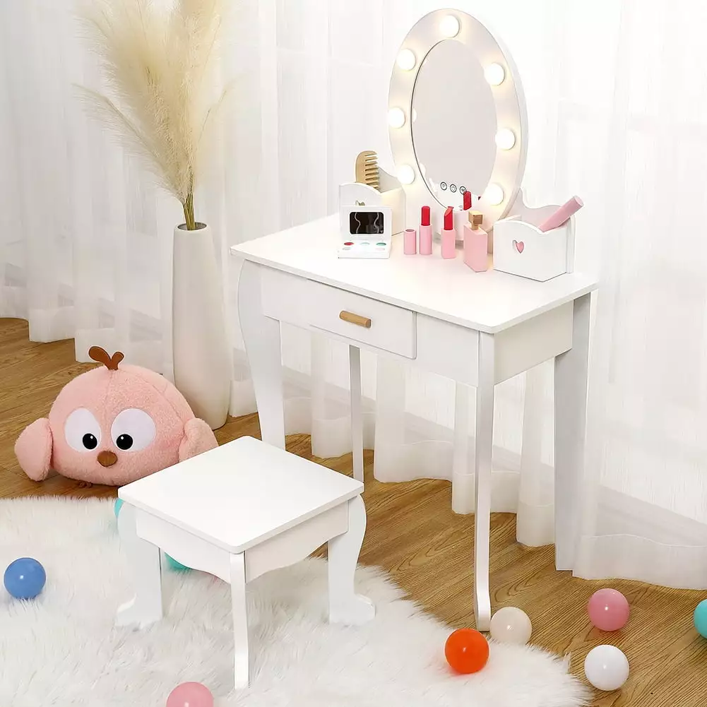 Leeten Girls Vanity Table and Chair Set - Princess Makeup Dressing Table Light and Mirror, White