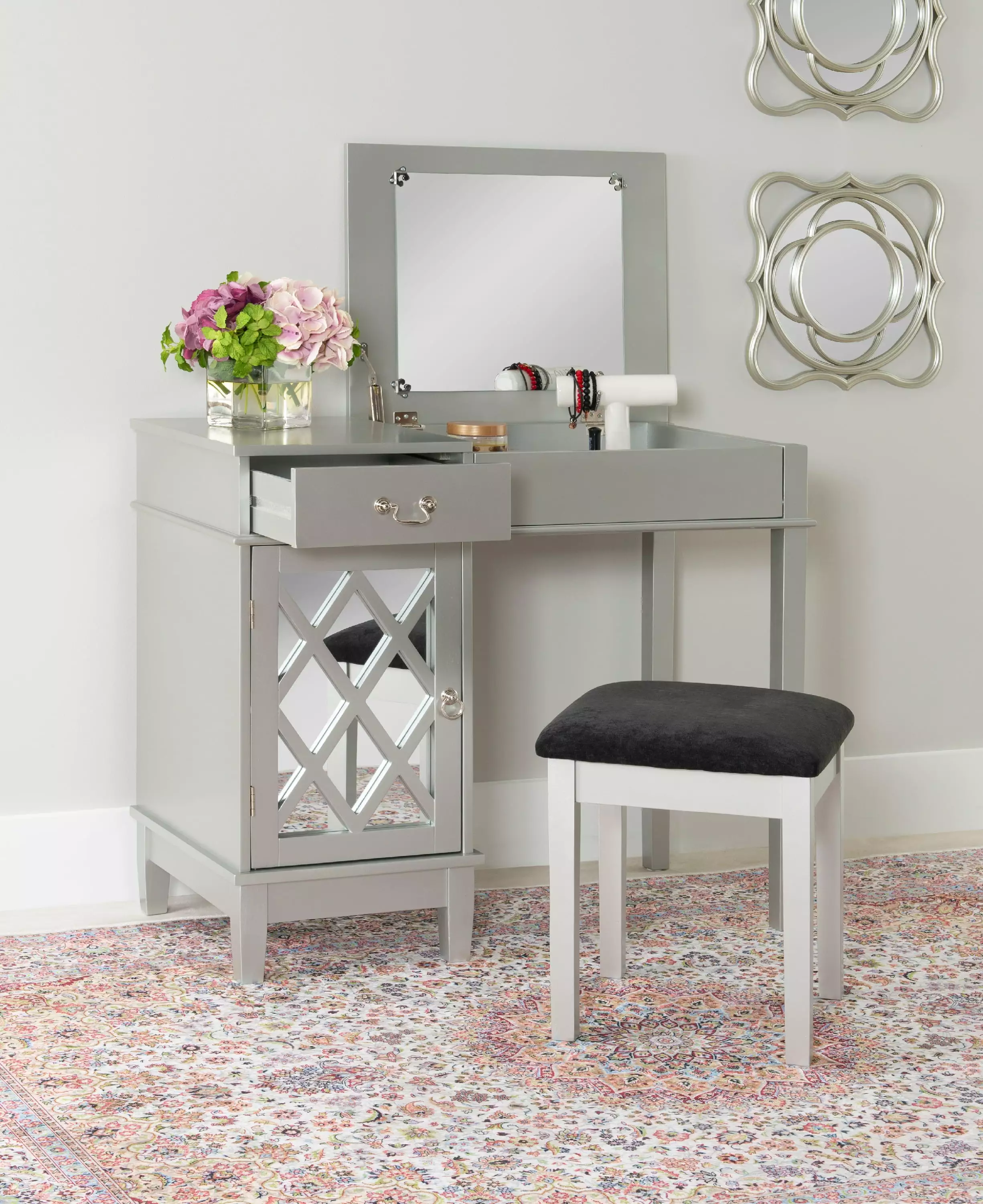 Linon Harper 2-Piece Vanity Set Flip-Top Mirror and Upholstered Stool Silver and Black