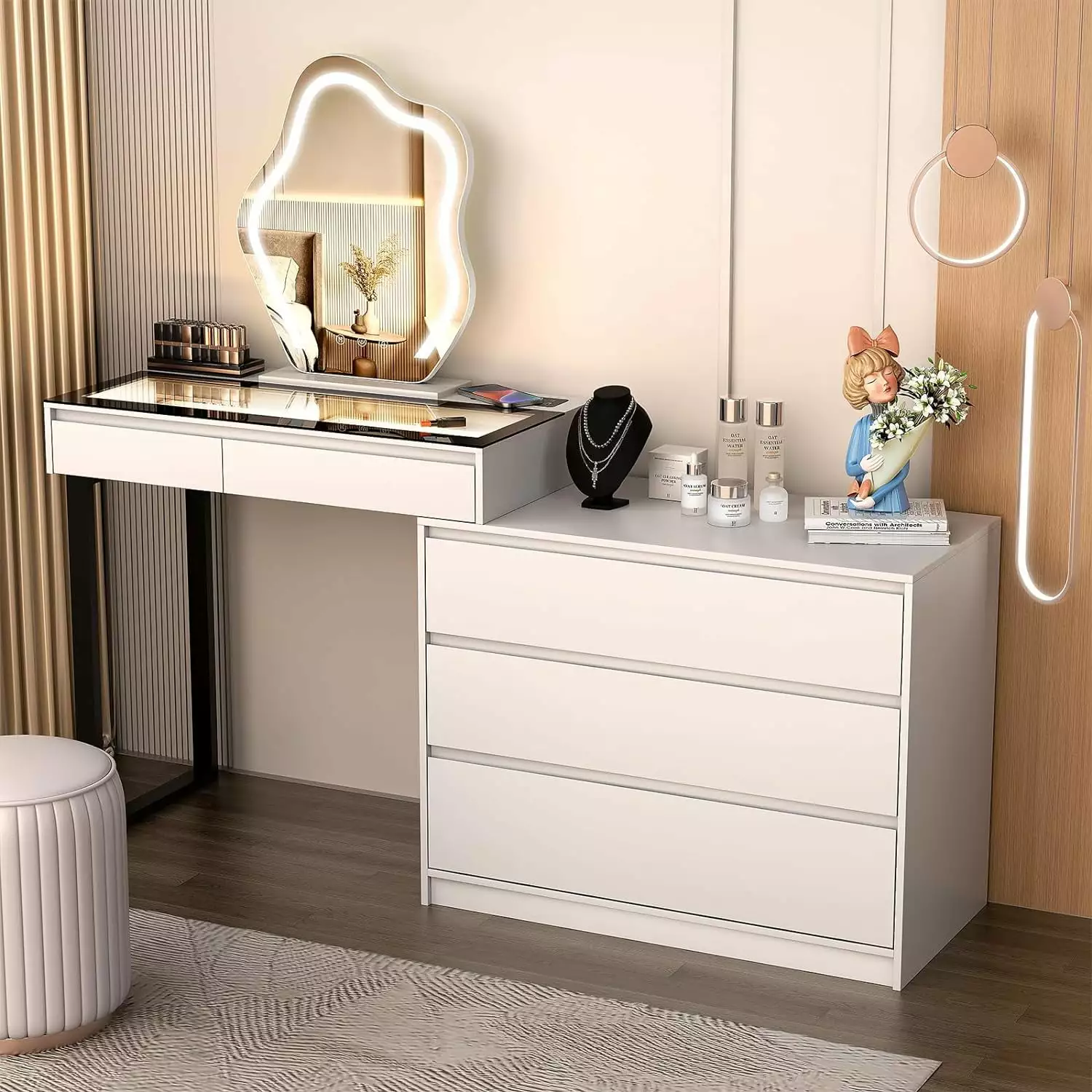 MIIFUNY Vanity Desk Mirror and Lights - Extendable Makeup Vanity Dresser Charging Station White