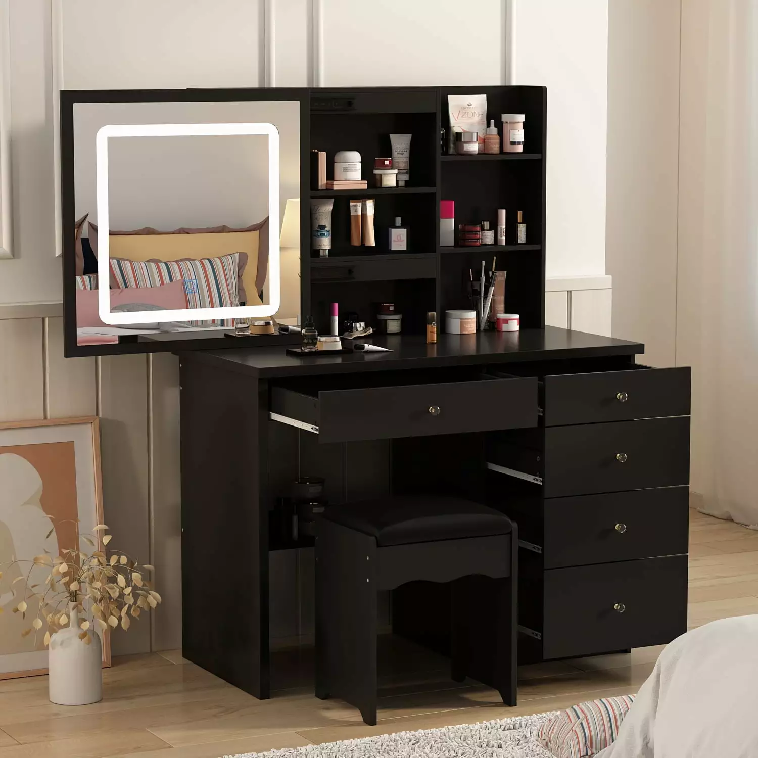 MONSLIPA Vanity Set Sliding Light Mirror - Black Makeup Vanity Table Stool, Drawers and Storage Shelves
