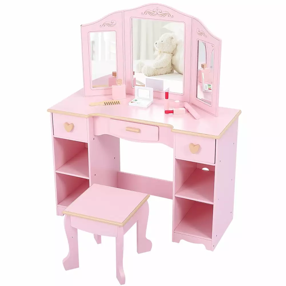 Oyang Girls' Vanity Table and Chair Set Age 4 - 9 Wood Pretend Beauty Make Up Dressing Vanity Set Pink